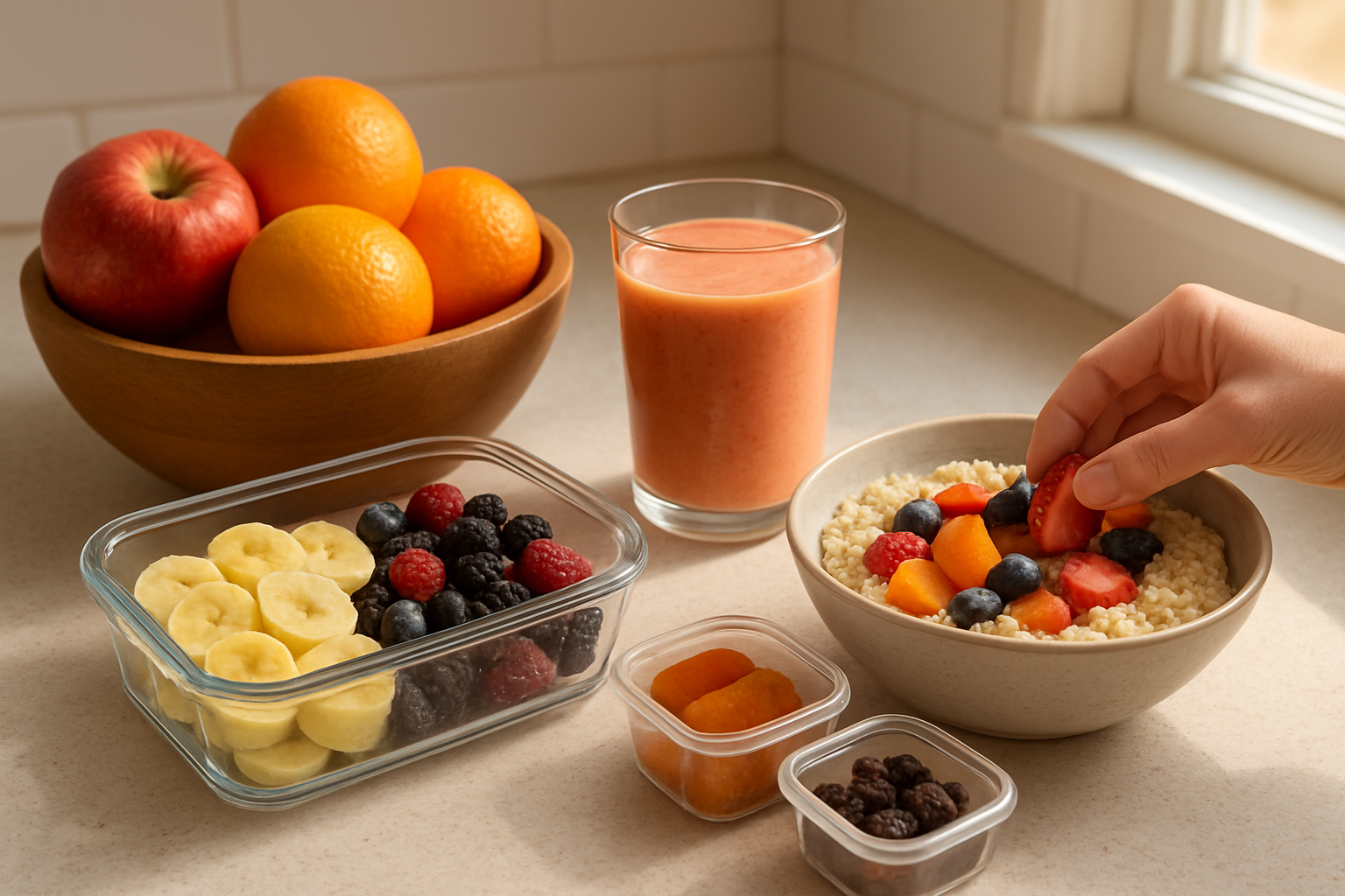 Create a realistic image of a modern kitchen counter with various everyday fruits artfully arranged in different ways - whole apples and oranges in a wooden bowl, sliced bananas and berries in a glass meal prep container, a colorful fruit smoothie in a clear glass, dried fruit pieces in small portion containers, and fresh fruit being added to a bowl of oatmeal, with soft natural lighting from a nearby window creating a warm and inviting atmosphere that suggests healthy daily eating habits, absolutely NO text should be in the scene.