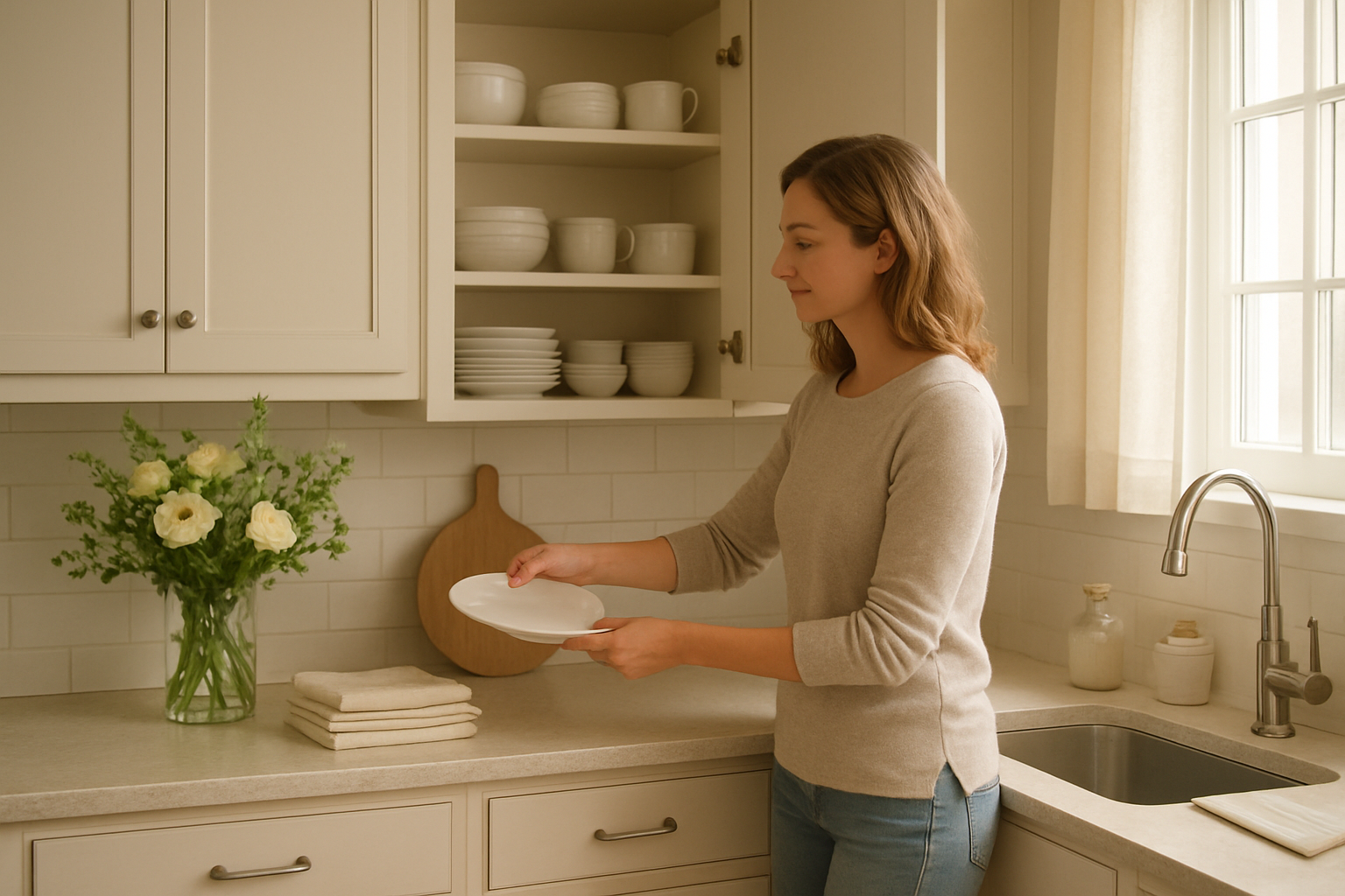 Create a realistic image of a white female in her 30s organizing a well-maintained kitchen with clean countertops, neatly arranged dishes in open cabinets, fresh flowers in a vase, folded linens, and household items arranged with care, soft natural lighting streaming through a window, creating a warm and peaceful atmosphere that conveys order and domestic excellence, absolutely NO text should be in the scene.