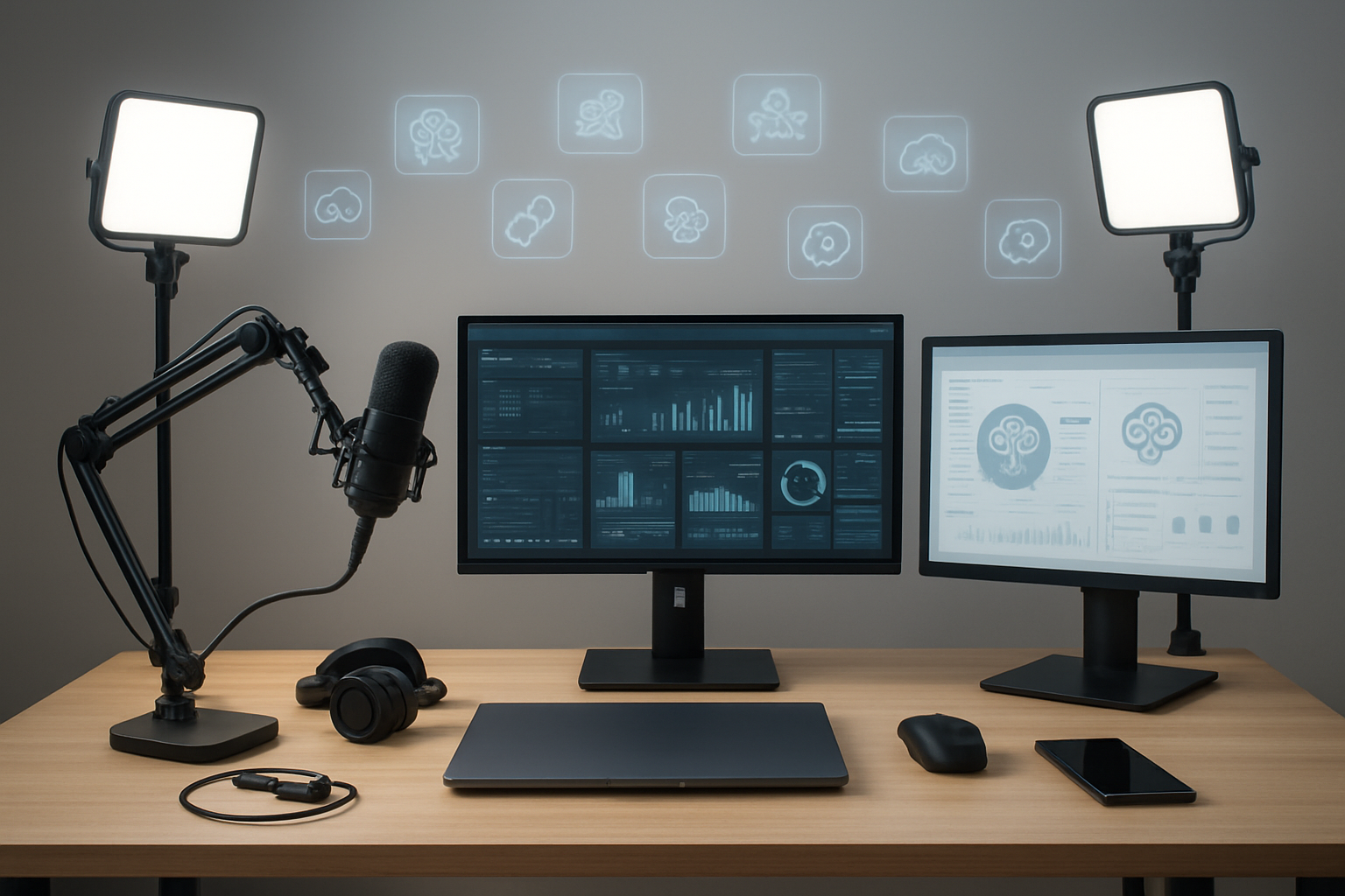 Create a realistic image of a modern workspace desk setup with multiple computer monitors displaying various AI software interfaces and dashboard screens, surrounded by essential tech equipment including a high-quality microphone on an adjustable arm, professional lighting equipment, a powerful laptop, smartphone, and various cables and connectors neatly organized, set against a clean minimalist background with soft ambient lighting creating a professional atmosphere, with floating holographic-style icons representing different AI tools and automation software hovering subtly above the setup, absolutely NO text should be in the scene.