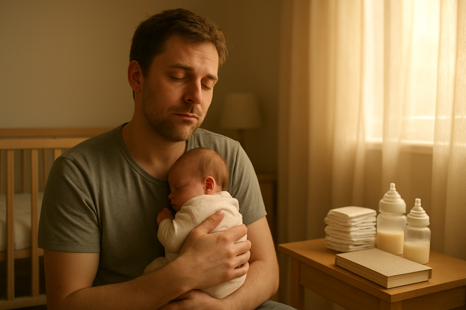 Create a realistic image of a tired but content white male father in his early 30s sitting in a softly lit nursery during early morning hours, gently holding his newborn baby while surrounded by essential parenting items like diapers, baby bottles, and a parenting book on a nearby side table, with warm golden sunlight filtering through sheer curtains creating a peaceful, nurturing atmosphere that captures the learning phase of early fatherhood. Absolutely NO text should be in the scene.