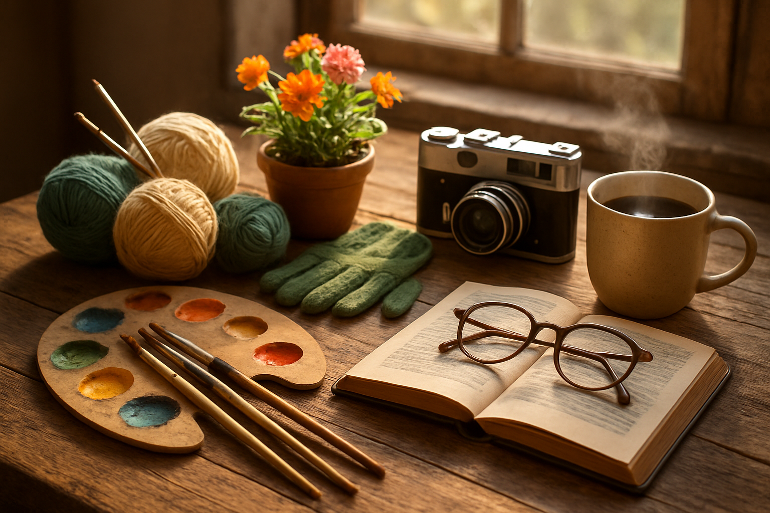Create a realistic image of a diverse collection of hobby-related items artfully arranged on a rustic wooden table, including paintbrushes with colorful paint palettes, knitting needles with soft yarn balls, gardening gloves next to small potted flowers, a vintage camera, reading glasses resting on an open book, and a steaming coffee mug, all bathed in warm natural sunlight streaming through a nearby window, creating a cozy and inspiring atmosphere that celebrates various interests and hobbies, absolutely NO text should be in the scene.