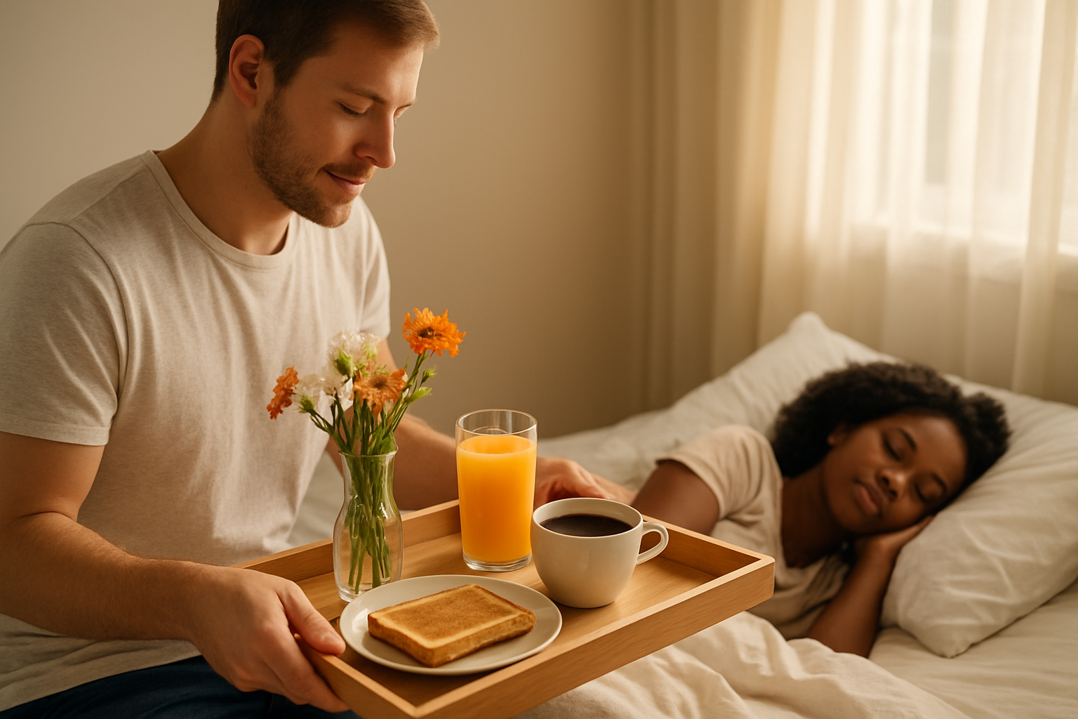 Create a realistic image of a white male preparing breakfast in bed on a wooden tray with fresh flowers in a small vase, orange juice, toast, and coffee, while a black female sleeps peacefully in the background under soft morning sunlight streaming through sheer curtains, with the scene capturing a warm, caring atmosphere of domestic love and service, absolutely NO text should be in the scene.
