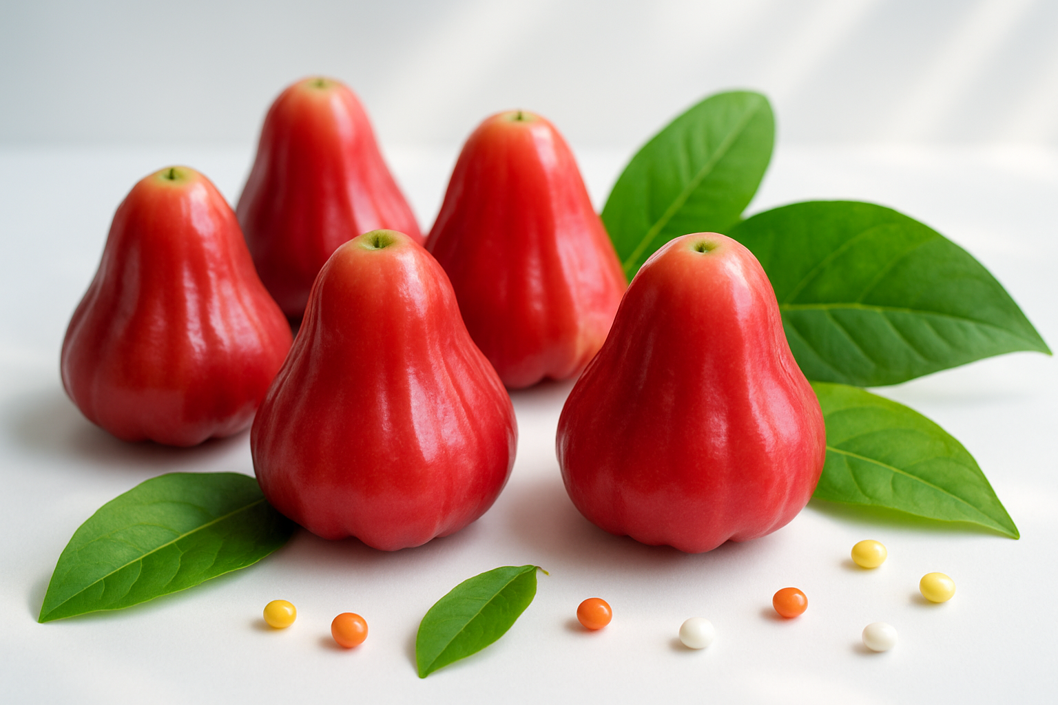 Create a realistic image of fresh rose apples arranged on a clean white surface with vibrant green leaves, showcasing their distinctive bell shape and glossy pink-red skin, surrounded by subtle visual elements suggesting health and nutrition like scattered vitamins or natural light rays, with a bright, clean background that emphasizes freshness and vitality, soft natural lighting highlighting the fruit's texture and colors, absolutely NO text should be in the scene.