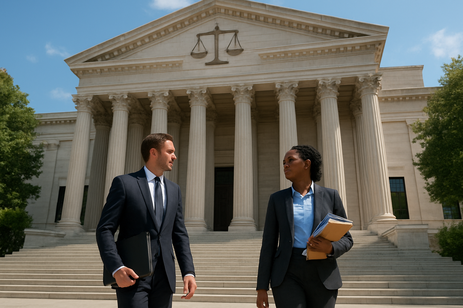 Create a realistic image of a modern government building with classical columns and steps, featuring a balanced scale of justice symbol prominently displayed on the facade, with a diverse group including a white male lawyer in a suit and a black female researcher in professional attire walking up the steps carrying legal documents and medical research files, set against a bright blue sky with soft natural lighting suggesting hope and progress, with green trees flanking the building and a clean urban environment, conveying a sense of institutional authority and forward-looking policy development, absolutely NO text should be in the scene.