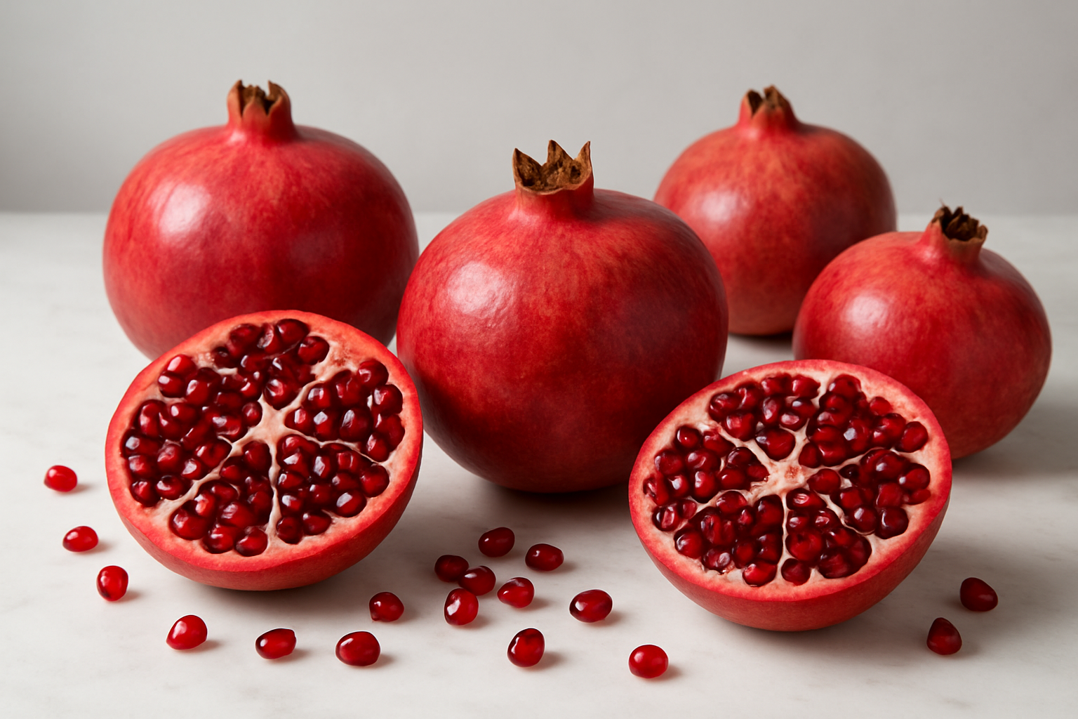 Create a realistic image of fresh whole pomegranates and cut pomegranates displaying their ruby red arils and white pith, arranged on a clean white marble surface with some loose arils scattered around, featuring bright natural lighting from above that highlights the glossy texture of the fruit and creates subtle shadows, with a neutral light gray background that keeps focus on the pomegranates, showcasing the basic visual elements and cross-section structure that helps viewers understand what pomegranates look like both inside and outside, absolutely NO text should be in the scene.