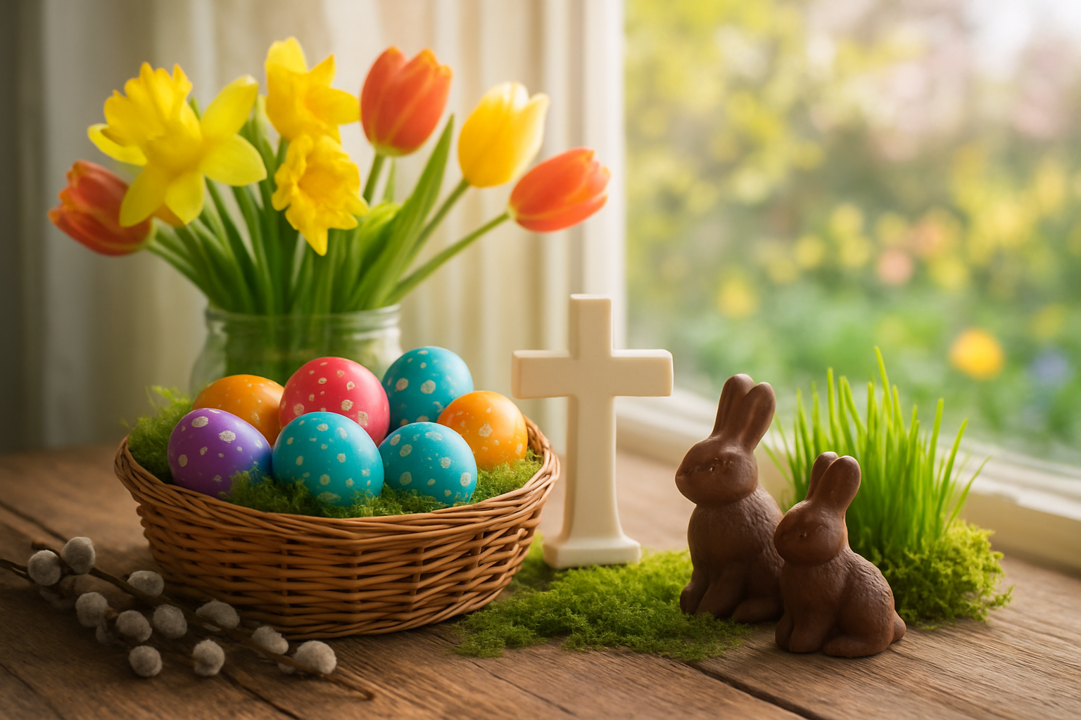 Create a realistic image of a beautifully arranged Easter display on a rustic wooden table featuring traditional Easter symbols including decorated colorful eggs in a woven basket, fresh spring flowers like daffodils and tulips, a small white ceramic cross, chocolate bunny figurines, pussy willow branches, and fresh green grass or moss, all bathed in soft natural morning light streaming through a window, creating a warm and peaceful atmosphere that celebrates renewal and spiritual significance, with a blurred garden background visible through the window showing blooming spring flowers and trees. Absolutely NO text should be in the scene.