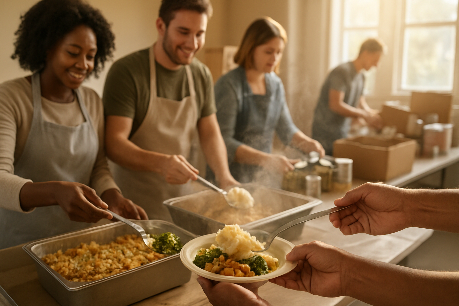 Create a realistic image of diverse hands of different skin tones coming together to serve food at a community kitchen, with volunteers wearing aprons preparing meals in warm containers, steam rising from hot dishes, soft natural lighting streaming through windows creating a welcoming atmosphere, people working collaboratively in the background organizing donations and supplies, the scene conveying unity and charitable service with a sense of purpose and spiritual fulfillment, absolutely NO text should be in the scene.