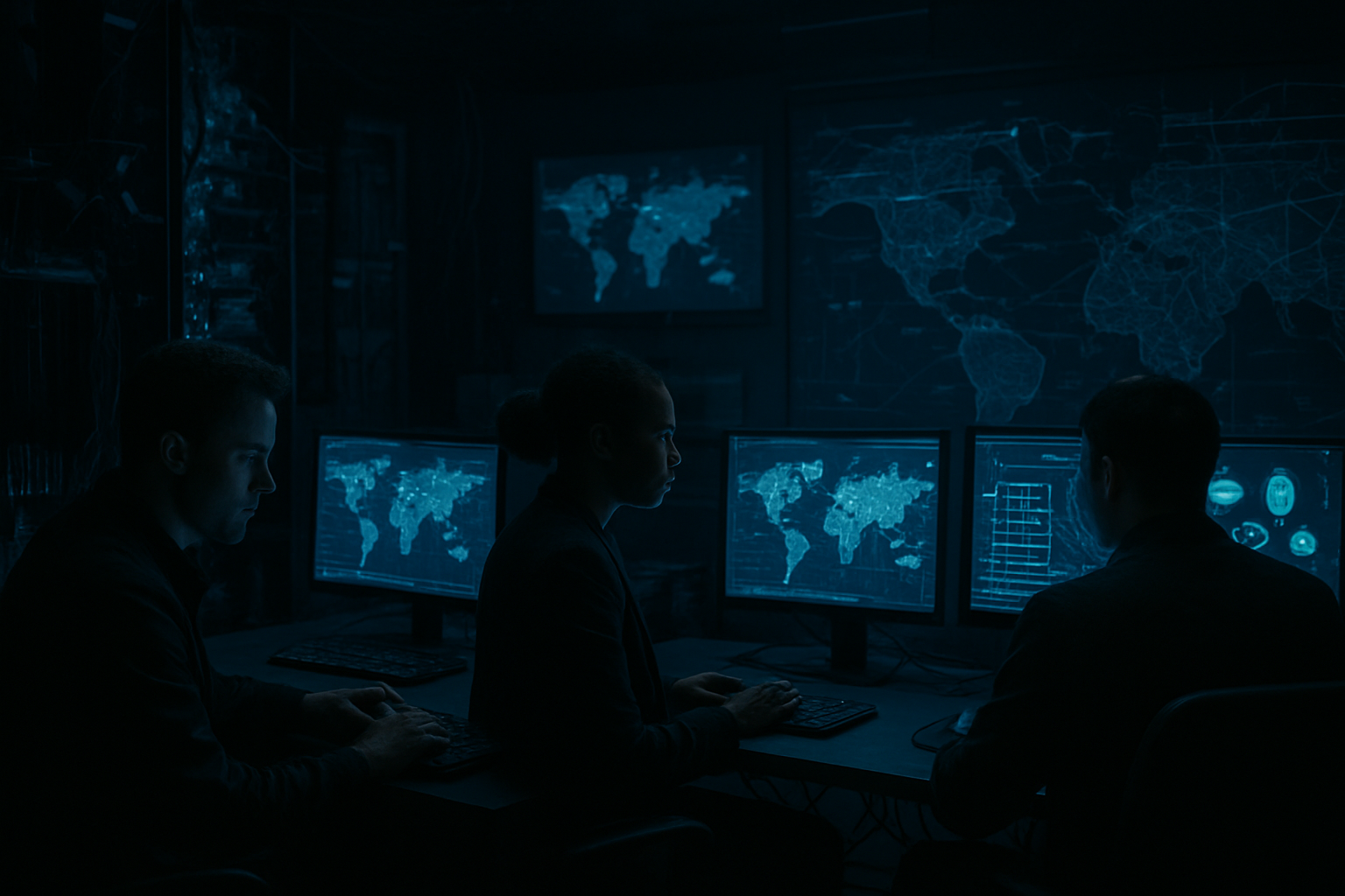 Create a realistic image of a dark, high-tech intelligence operations center with multiple computer screens displaying global network connections, data streams, and pharmaceutical company logos, shadowy figures of diverse analysts (white male, black female, Asian male) working at workstations, dim blue lighting from monitors illuminating their faces, complex network diagrams and world maps projected on walls, cables and servers visible in the background, creating an atmosphere of covert surveillance and corporate espionage, absolutely NO text should be in the scene.