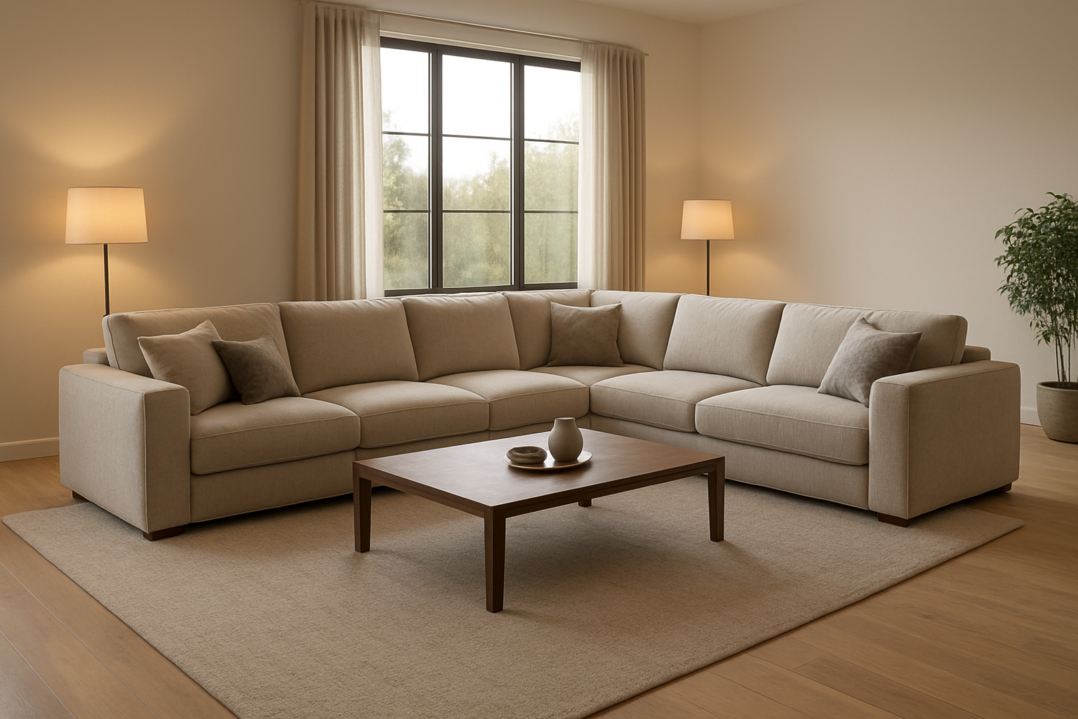 Create a realistic image of a spacious modern living room featuring a large custom-built 7-seat sectional sofa in neutral beige or gray fabric, with the sofa arranged in an L-shape or U-shape configuration showing all seven seats clearly, placed on a light wooden or neutral-toned floor with a large area rug underneath, surrounded by warm ambient lighting from floor lamps and natural light streaming through large windows, with a coffee table in the center and some decorative pillows on the sofa, creating a cozy and inviting family atmosphere that emphasizes comfort and spaciousness, absolutely NO text should be in the scene.