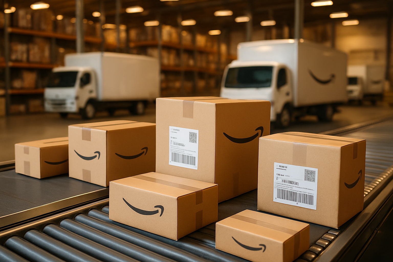 Create a realistic image of Amazon delivery boxes and packages with Pakistani postal codes and addresses visible on shipping labels, arranged on a modern logistics warehouse conveyor belt system, with delivery trucks in the background, warm indoor lighting highlighting the organized shipping process, showing the journey from warehouse to doorstep delivery in an efficient distribution center setting, absolutely NO text should be in the scene.