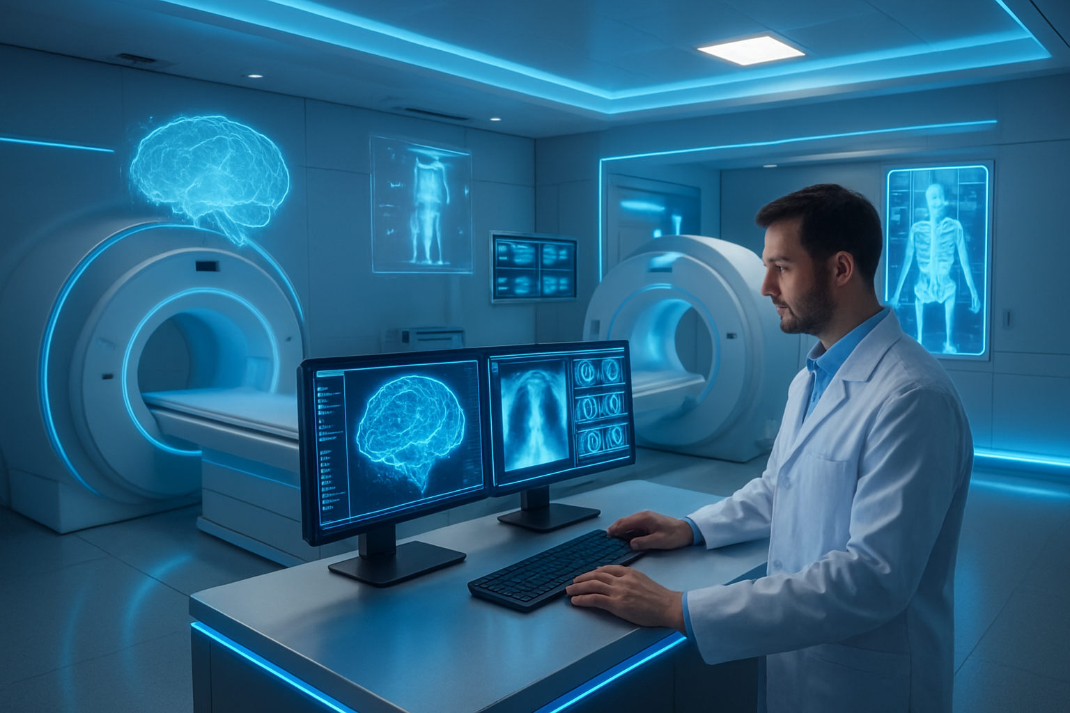 Create a realistic image of a modern medical facility with advanced AI-powered imaging equipment including MRI machines and CT scanners with glowing digital displays showing brain scans and X-ray images, holographic medical visualizations floating in the air, a white male radiologist in a lab coat analyzing data on multiple high-tech monitors, sleek metallic surfaces with blue LED lighting accents, futuristic atmosphere with clean white and blue color scheme, professional medical environment with subtle ambient lighting, absolutely NO text should be in the scene.