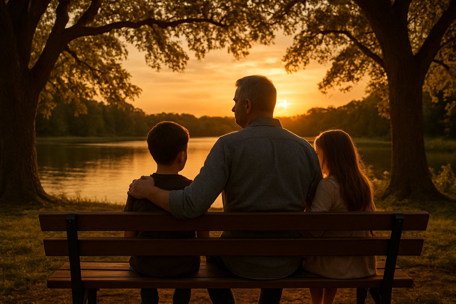 Create a realistic image of a middle-aged white male father sitting on a wooden park bench with his young son and daughter, all three looking out at a sunset over a peaceful lake, with the father's hand gently placed on his son's shoulder while his daughter leans against him, surrounded by mature oak trees and a serene natural setting that conveys wisdom, guidance, and the passing down of values through generations, with warm golden hour lighting creating a contemplative and meaningful atmosphere. Absolutely NO text should be in the scene.