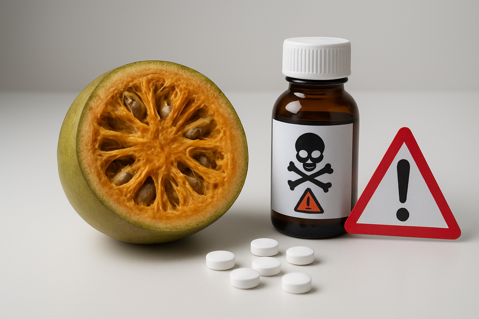 Create a realistic image of a bael fruit (stone apple) cut in half showing its fibrous interior, placed next to a small medicine bottle with warning symbols, some scattered pills, and a red caution triangle icon on a clean white medical consultation table, with soft clinical lighting from above creating a serious but informative healthcare atmosphere, absolutely NO text should be in the scene.