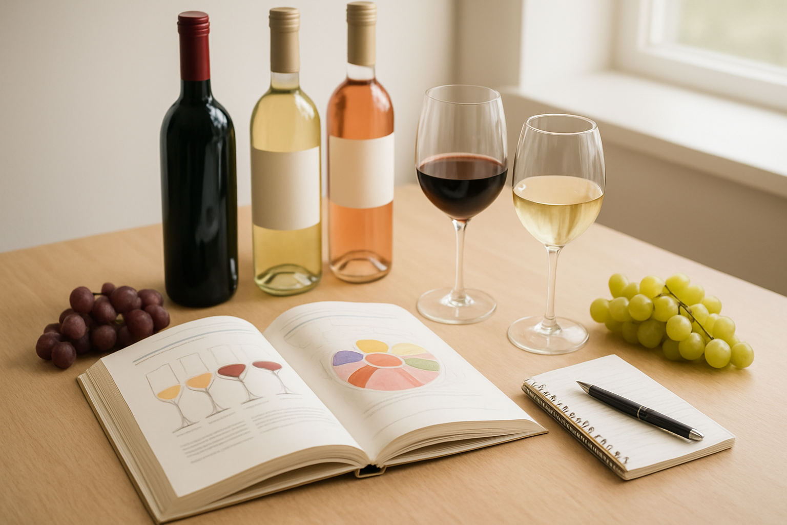 Create a realistic image of a clean, organized wine education setup featuring an open beginner's wine guide book with colorful diagrams, a few wine bottles of different varieties (red, white, rosé) arranged neatly, two wine glasses (one with red wine, one with white wine), a small notepad with a pen, and some fresh grapes scattered around on a light wooden table surface, with soft natural lighting from a window creating a calm and approachable learning atmosphere, shot from a slightly elevated angle to show all elements clearly, absolutely NO text should be in the scene.