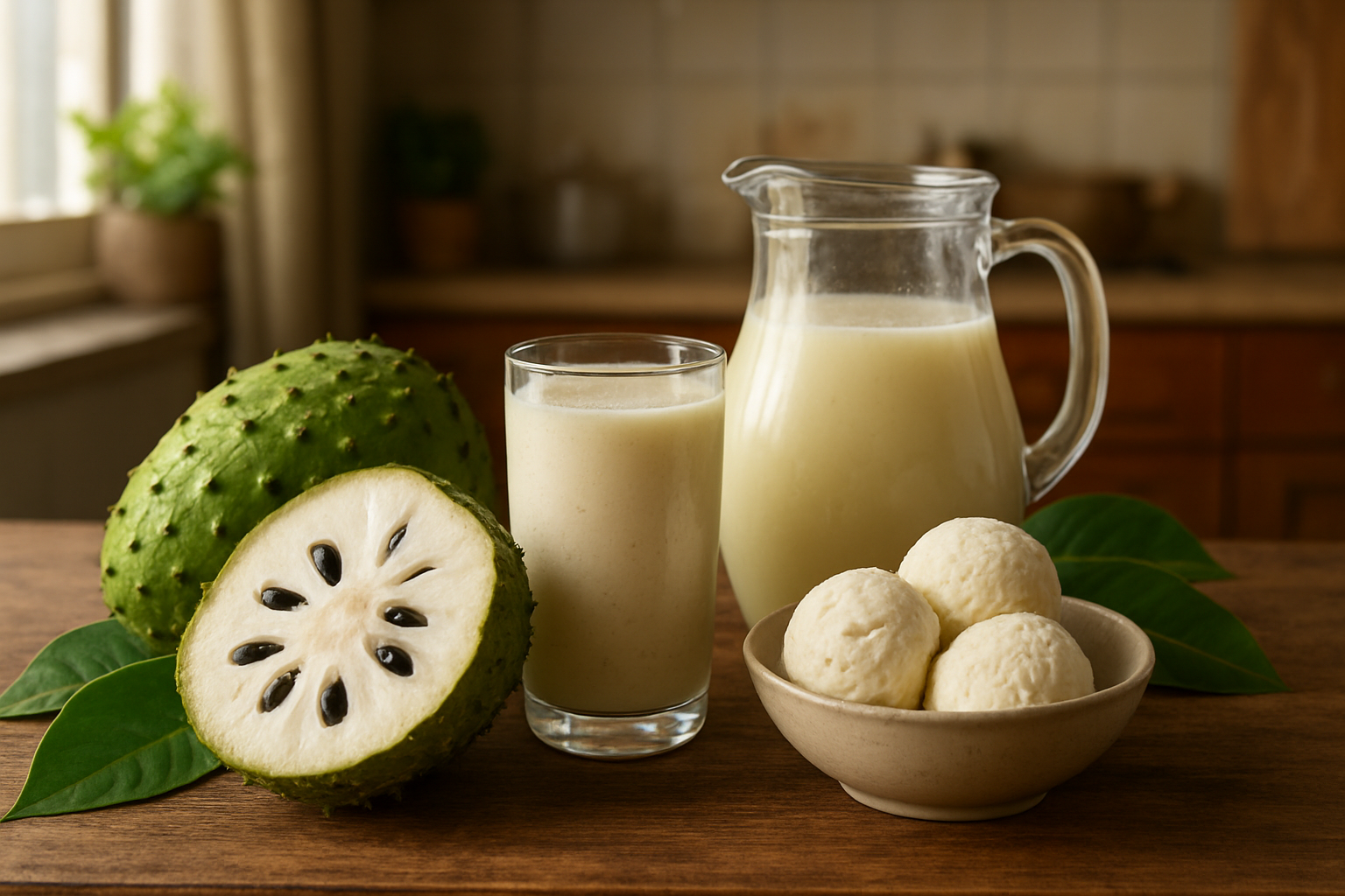 Create a realistic image of fresh soursop fruit cut open displaying its white creamy flesh with black seeds, alongside culinary preparations including soursop smoothie in a glass, soursop ice cream scoops in a bowl, and soursop juice in a pitcher, arranged on a rustic wooden kitchen counter with tropical leaves as natural decoration, soft natural lighting from a window, warm and inviting kitchen atmosphere. Absolutely NO text should be in the scene.