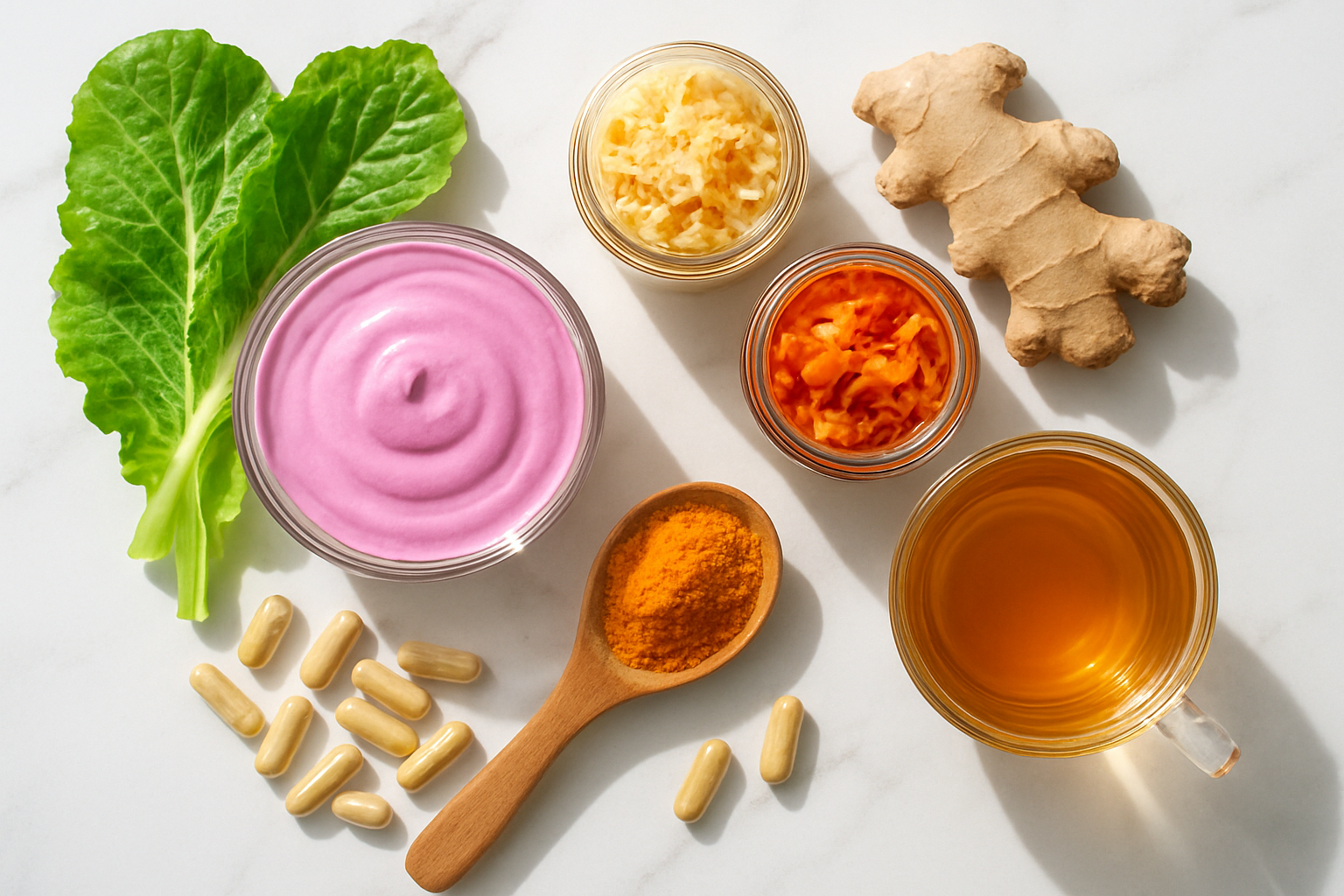 Create a realistic image of a vibrant flat lay arrangement featuring gut-healthy foods and wellness elements on a clean white marble surface, including colorful probiotic yogurt in a glass bowl, fresh leafy greens, fermented vegetables in small jars, ginger root, turmeric powder in a wooden spoon, herbal tea in a clear glass cup, and supplement capsules scattered nearby, with natural sunlight streaming from the side creating soft shadows, conveying a sense of vitality and immediate wellness, absolutely NO text should be in the scene.