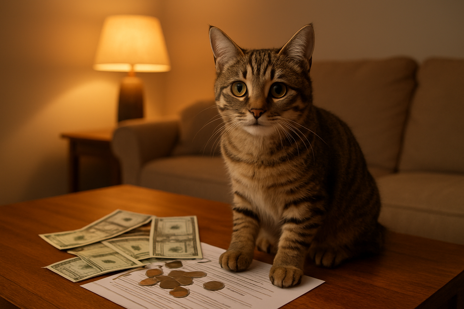 Create a realistic image of a cozy living room scene with a cute tabby cat sitting on a wooden table next to scattered dollar bills, coins, and adoption paperwork, with a warm lamp providing soft lighting in the background, a comfortable sofa visible, and the overall mood conveying the financial planning aspect of pet adoption, absolutely NO text should be in the scene.