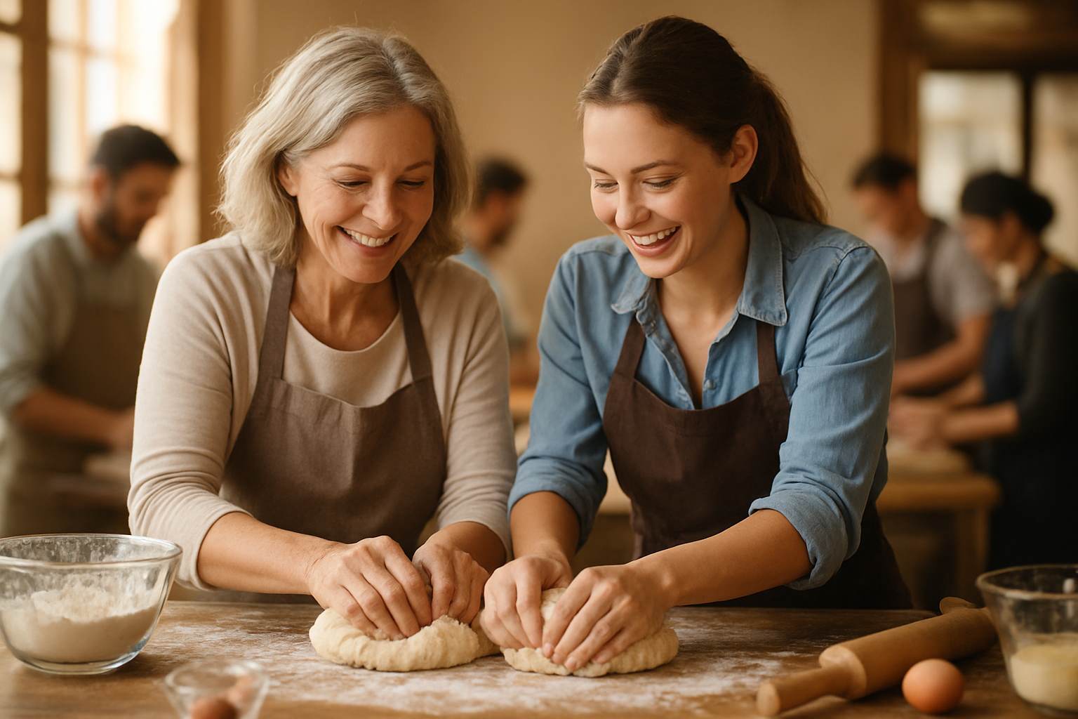 Create a realistic image of a white mother and her adult daughter enjoying a cooking class together, both wearing aprons and smiling while kneading dough at a wooden kitchen counter, with other participants blurred in the background, warm natural lighting streaming through windows, creating an intimate and joyful learning atmosphere that emphasizes bonding and shared experiences, with cooking utensils and ingredients scattered on the counter, absolutely NO text should be in the scene.