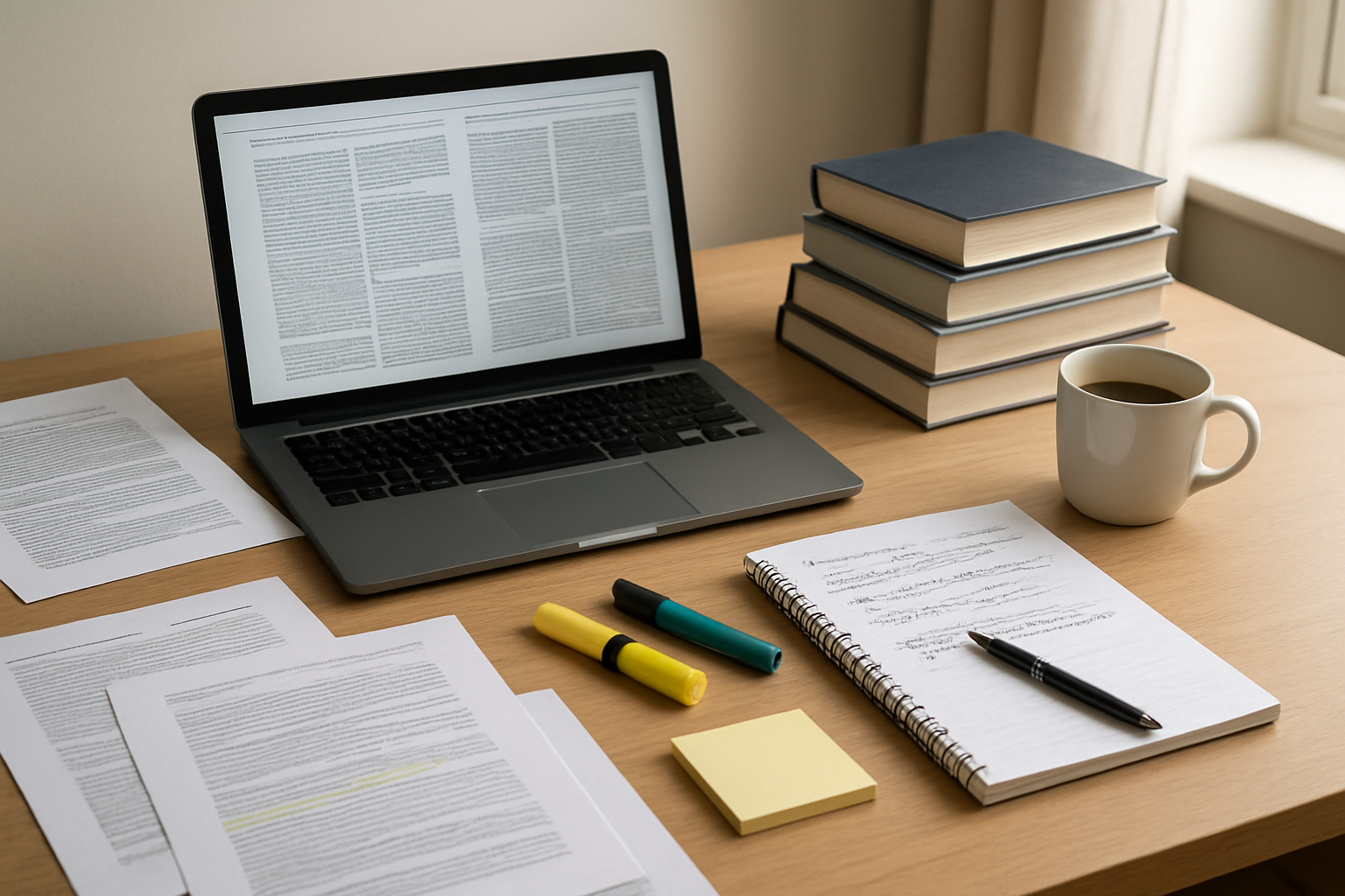 Create a realistic image of an organized desk workspace featuring an open laptop computer displaying academic research pages, scattered printed research papers and academic journals, highlighter pens, sticky notes, a stack of business and hospitality management textbooks, a notepad with handwritten citations, and a coffee cup, all arranged on a clean wooden desk surface with soft natural lighting from a nearby window, creating a scholarly and professional atmosphere for academic research and reference compilation, absolutely NO text should be in the scene.