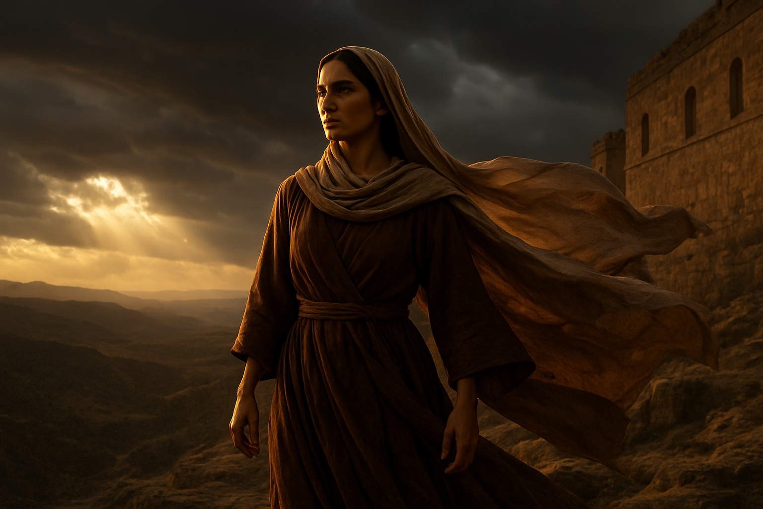 Create a realistic image of a middle-eastern female standing confidently on a rocky cliff overlooking a vast valley during golden hour, her flowing robes billowing in the wind, with storm clouds gathering in the distance but rays of sunlight breaking through to illuminate her determined face, ancient stone walls of a palace visible in the background, her posture showing strength and resolve as she gazes toward the horizon with unwavering determination, the lighting creating dramatic contrasts between light and shadow to emphasize the theme of courage in adversity, absolutely NO text should be in the scene.