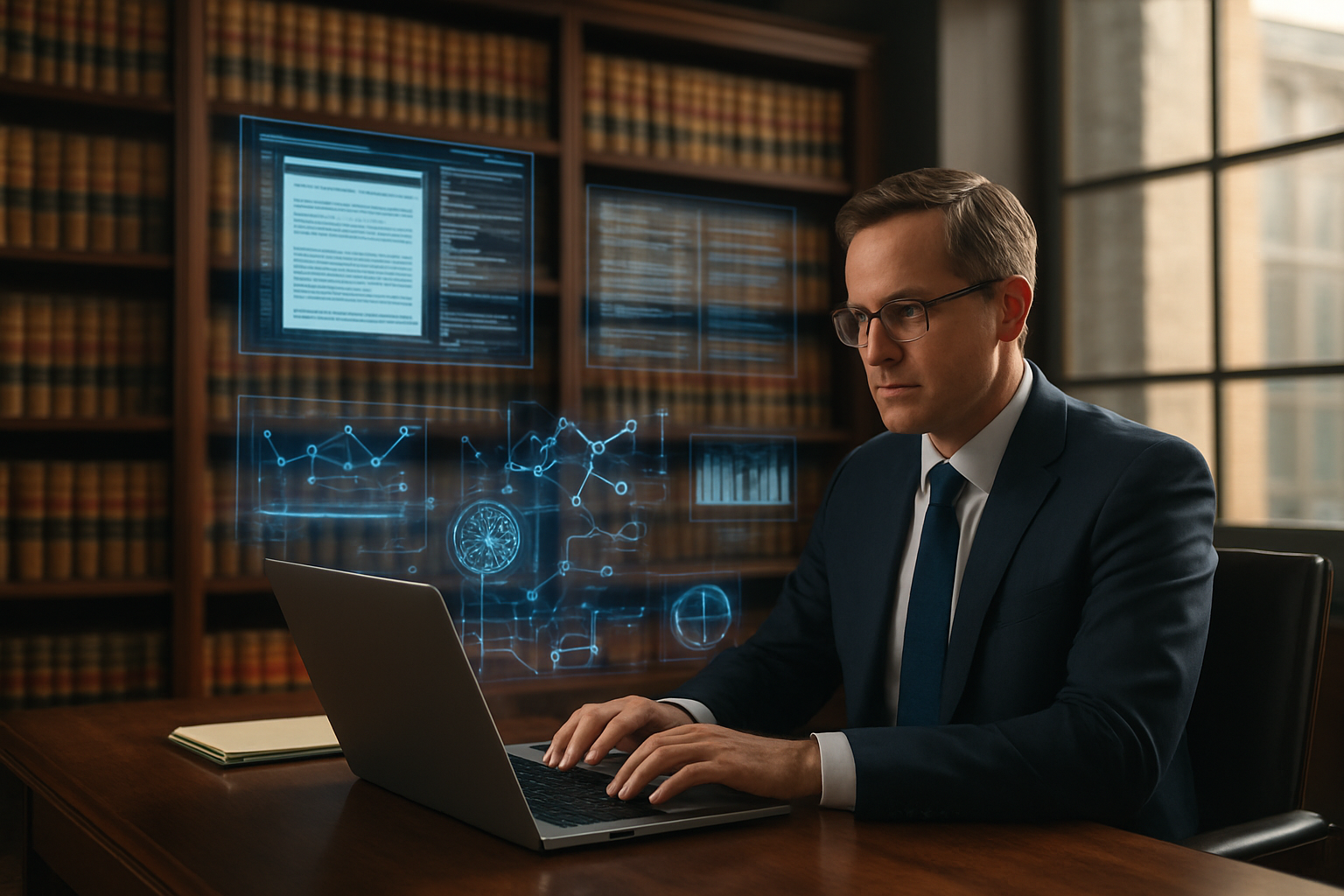 Create a realistic image of a modern law office with a professional white male lawyer in his 40s sitting at a sleek desk using a laptop computer, with multiple digital screens displaying legal documents and case law databases, surrounded by traditional law books on wooden shelves, futuristic holographic data visualizations floating above the desk showing legal research results and case connections, warm ambient lighting with natural light streaming through large windows, creating a blend of traditional legal workspace and cutting-edge AI technology, absolutely NO text should be in the scene.