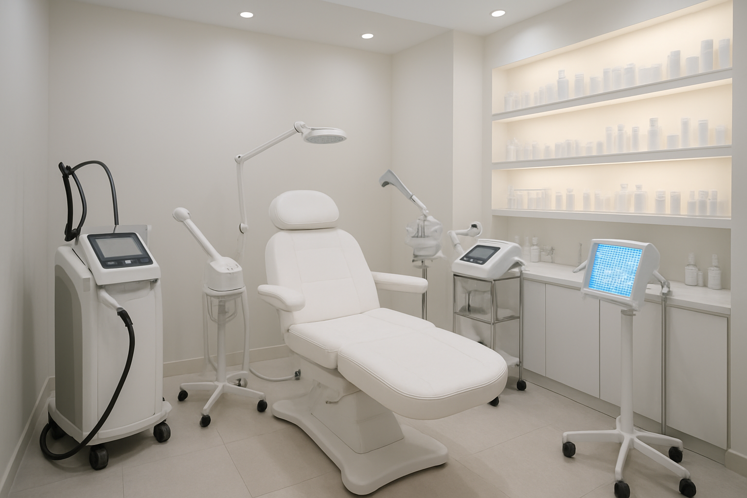Create a realistic image of a modern Indian dermatology clinic interior showcasing various skincare treatment equipment and services, featuring a clean white treatment room with advanced laser machines, facial steamers, microdermabrasion devices, LED light therapy panels, and skincare product displays on shelves, with a comfortable treatment chair in the center, soft ambient lighting, and a professional medical atmosphere with sterile surfaces and organized cosmetic dermatology tools visible, absolutely NO text should be in the scene.