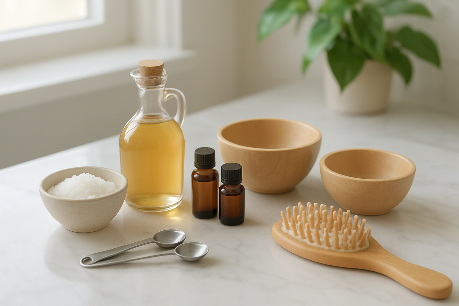 Create a realistic image of a clean, modern bathroom counter with various scalp detox items arranged in a step-by-step layout including natural ingredients like sea salt in a small bowl, apple cider vinegar in a glass bottle, essential oil bottles, a wooden brush, mixing bowls, and measuring spoons, all neatly organized on white marble countertop with soft natural lighting from a window, creating a spa-like wellness atmosphere with green plants in the background, absolutely NO text should be in the scene.