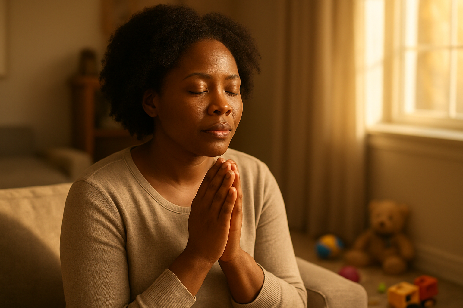 Create a realistic image of a black female mother in her 30s sitting peacefully in a cozy living room, hands gently clasped in prayer position with eyes closed and a serene expression, warm golden sunlight streaming through a nearby window creating soft shadows, a few scattered children's toys visible in the background suggesting the challenges of motherhood, the overall atmosphere conveying hope and tranquility through faith, soft natural lighting creating a warm and comforting mood, absolutely NO text should be in the scene.