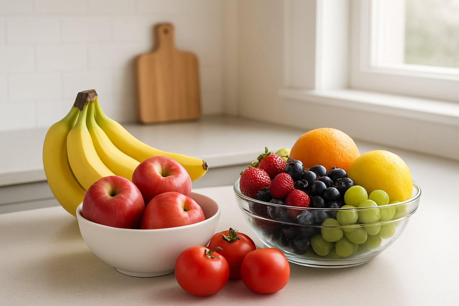 Create a realistic image of a clean kitchen counter with two distinct groups of fresh fruits separated into different bowls or containers, with high ethylene-producing fruits like bananas, apples, and tomatoes grouped together on the left side, and low ethylene-producing fruits like berries, citrus fruits, and grapes grouped separately on the right side, featuring bright natural lighting from a nearby window, wooden cutting board in the background, and a clean modern kitchen setting with neutral colors, absolutely NO text should be in the scene.