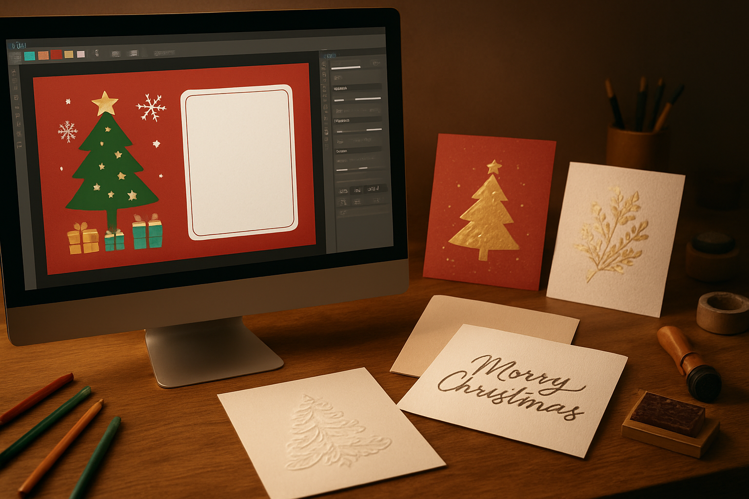 Create a realistic image of a split composition showing digital Christmas card design on a computer screen displaying colorful holiday graphics with customizable elements on one side, and physical paper Christmas cards with various textures, embossed details, foil accents, and handwritten calligraphy spread across a wooden desk on the other side, with design tools like colored pens, stamps, and craft supplies nearby, warm ambient lighting creating a cozy creative workspace atmosphere, absolutely NO text should be in the scene.