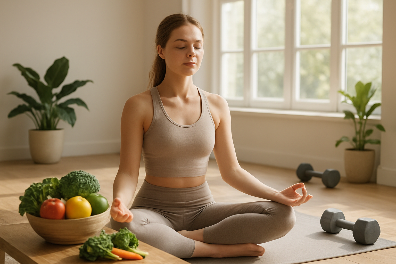 Create a realistic image of a serene wellness scene featuring a young white female with clear skin sitting cross-legged on a yoga mat in a bright, airy room with natural sunlight streaming through large windows, surrounded by healthy lifestyle elements including fresh fruits and vegetables on a wooden table, a glass of water, exercise equipment like dumbbells in the background, and green plants creating a peaceful atmosphere that conveys healing and self-care, with soft natural lighting and a clean minimalist aesthetic. Absolutely NO text should be in the scene.