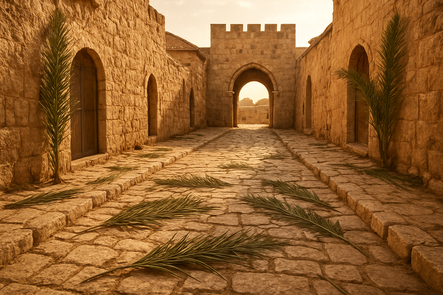 Create a realistic image of ancient Jerusalem's stone-paved streets leading to the city gates, with palm branches scattered on the ground and leaning against weathered limestone walls, featuring traditional Middle Eastern architecture with arched doorways and clay rooftops under warm golden sunlight, capturing the historical biblical setting with aged textures and authentic first-century Palestinian landscape elements in the background, absolutely NO text should be in the scene.
