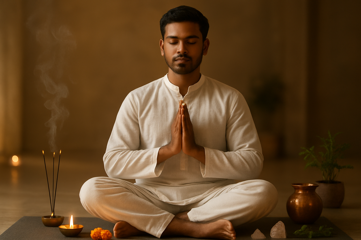 செவ்வாய் Create a realistic image of a serene meditation scene showing a South Asian male in white clothing sitting in lotus position on a yoga mat, with his hands in prayer pose and eyes closed in peaceful meditation, surrounded by subtle spiritual elements like burning incense sticks, small oil lamps, fresh marigold flowers, and crystals, with warm golden lighting filtering through the scene creating a calm and divine atmosphere, alongside wellness symbols like herbal plants, water in a copper vessel, and natural elements representing physical health and spiritual well-being, set against a soft blurred background of an indoor sacred space with earth tones, absolutely NO text should be in the scene.