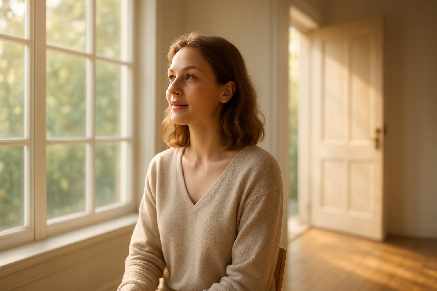 Create a realistic image of a white female sitting peacefully in a bright, sunlit room with large windows, looking forward with a calm and hopeful expression, surrounded by soft natural lighting that creates a sense of renewal and freedom, with an open door in the background symbolizing new beginnings, featuring warm tones and a serene atmosphere that conveys healing and personal empowerment, absolutely NO text should be in the scene.