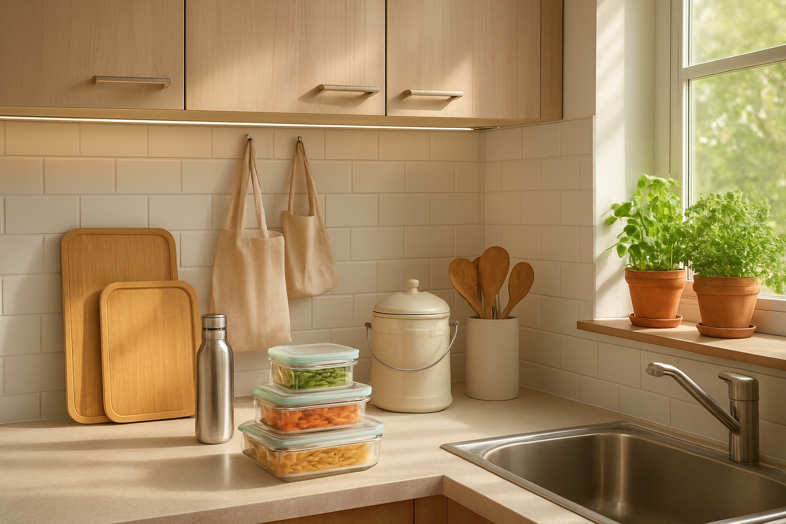 Create a realistic image of a modern kitchen showcasing eco-friendly elements and money-saving features, including bamboo cutting boards, glass food storage containers, reusable cloth bags hanging on hooks, a compost bin on the counter, energy-efficient LED lighting, potted herbs growing on the windowsill, stainless steel water bottles, and wooden utensils in a ceramic holder, with natural sunlight streaming through a window creating a warm and inviting atmosphere that emphasizes sustainability and budget-conscious living, absolutely NO text should be in the scene.