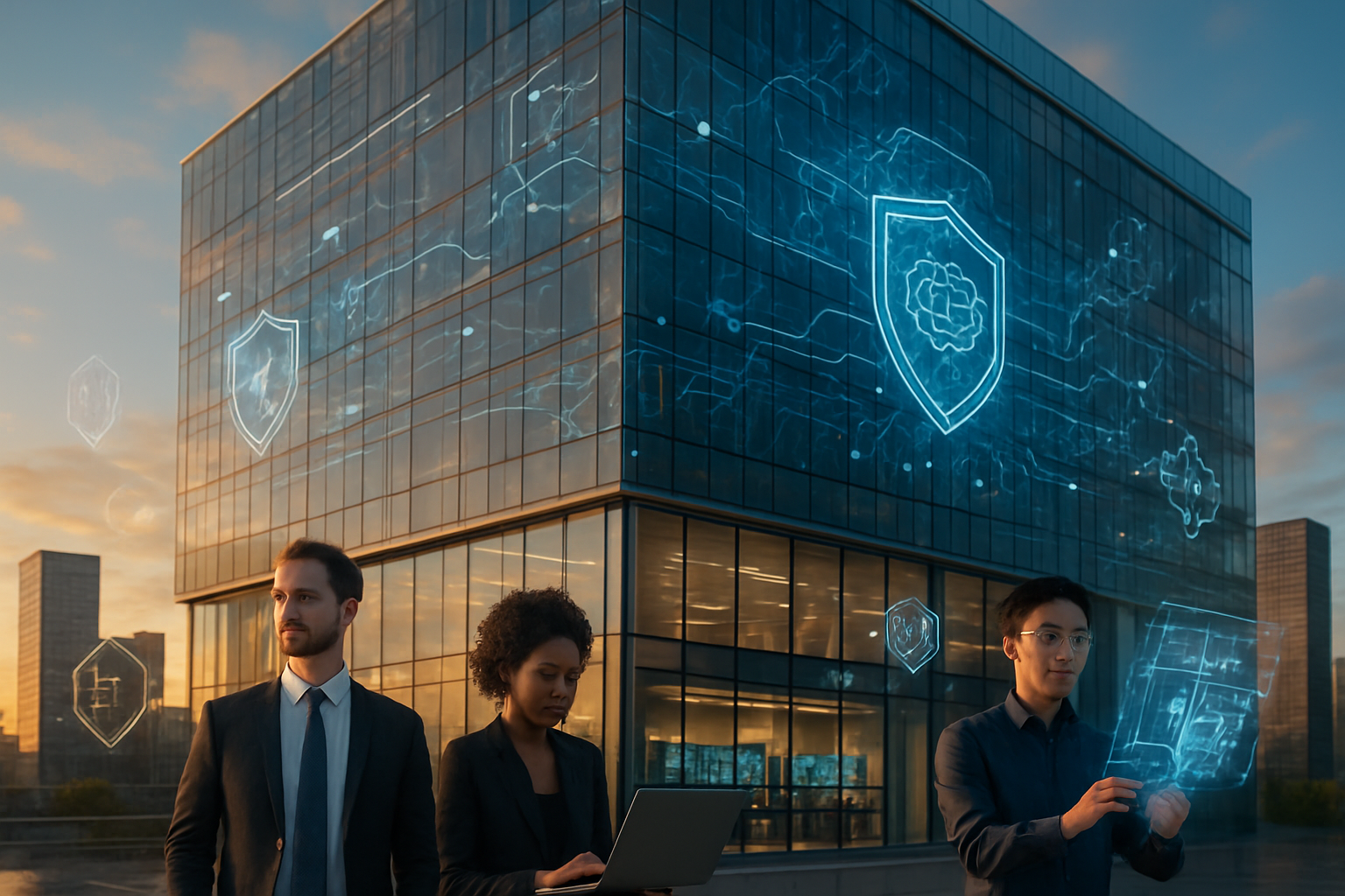 Create a realistic image of a modern banking headquarters building with sleek glass facades reflecting digital network patterns and AI circuit designs, featuring a diverse group of professionals including a white male banker in a suit, a black female data analyst with a laptop, and an Asian male tech specialist working with holographic displays, surrounded by floating digital elements like shield icons representing security, interconnected nodes showing AI networks, and subtle data visualization graphics, set against a contemporary urban skyline during golden hour lighting that creates a warm, innovative atmosphere, with the interior visible through large windows showing high-tech workstations and multiple monitors displaying analytics dashboards, while maintaining a professional yet futuristic mood that conveys technological transformation in financial services, absolutely NO text should be in the scene.