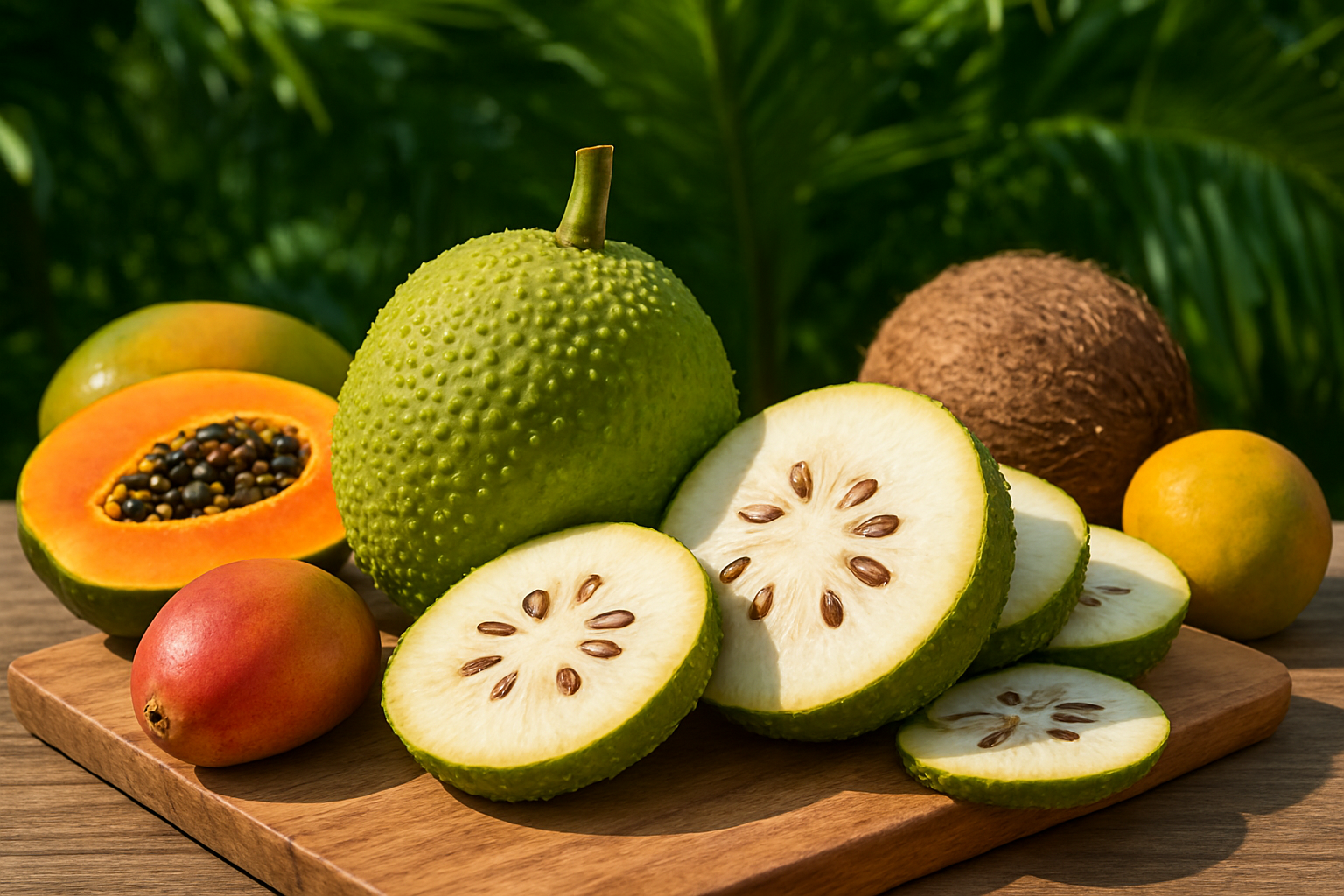 Create a realistic image of fresh whole breadfruits and sliced breadfruit pieces arranged on a wooden cutting board, showcasing the creamy white flesh and brown seeds inside, surrounded by vibrant tropical fruits like mangoes, papayas, and coconuts, set against a lush green tropical background with palm leaves, captured in bright natural daylight that highlights the textures and colors of the superfood ingredients, conveying a healthy and exotic tropical atmosphere, absolutely NO text should be in the scene.