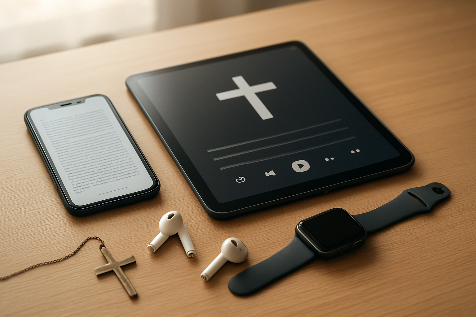 Create a realistic image of modern Christian technology devices arranged on a clean wooden desk including a smartphone displaying a Bible app, wireless earbuds next to a Christian podcast playlist on a tablet screen, and a smartwatch, with a subtle cross pendant placed nearby, soft natural lighting from a window creating a peaceful and inspiring atmosphere, warm tones throughout the scene, absolutely NO text should be in the scene.