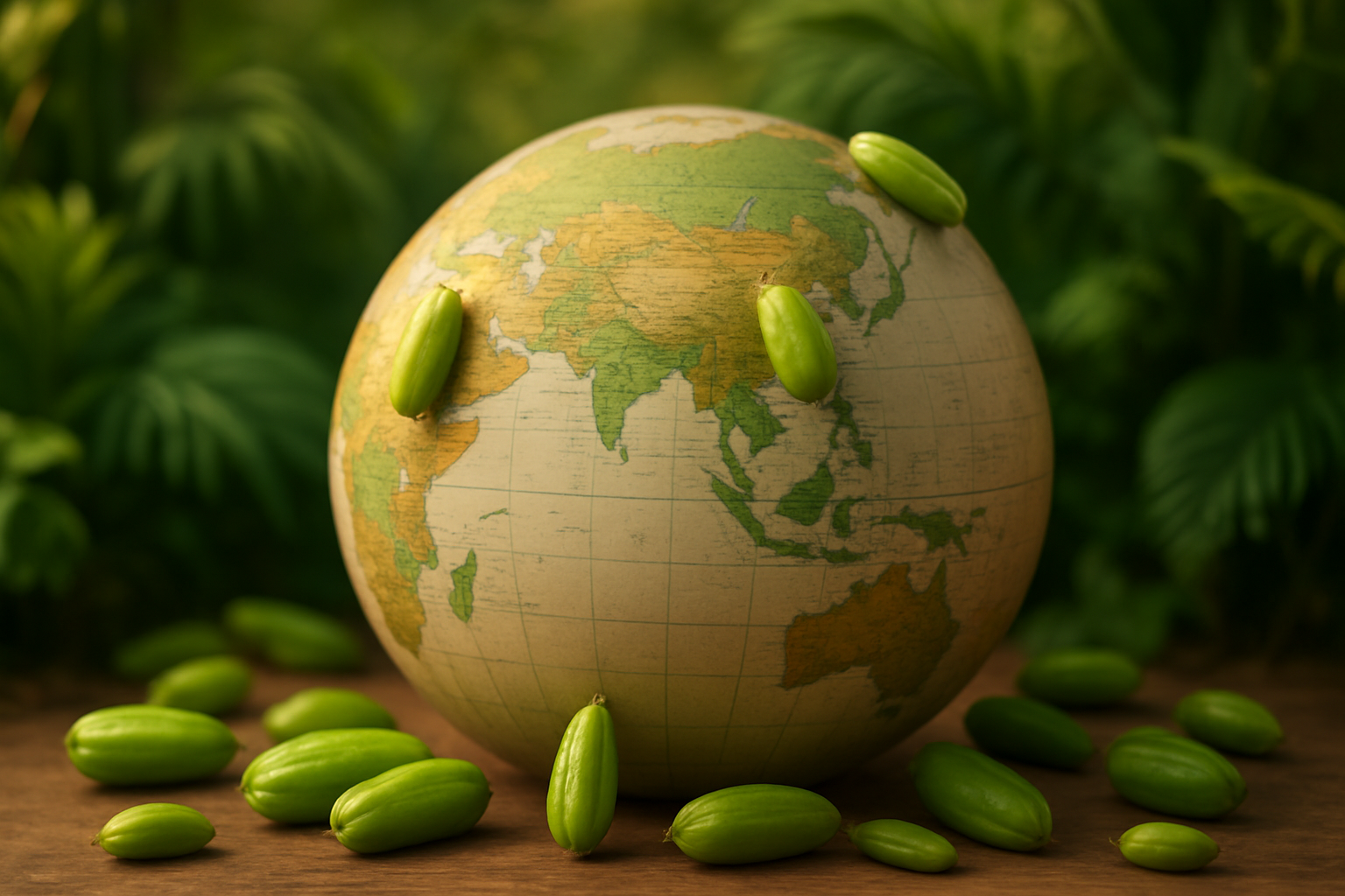 Create a realistic image of a world map or globe highlighting tropical regions where bilimbi fruit grows, with small bilimbi fruits scattered around the map showing their distinctive cucumber-like green appearance, warm golden lighting suggesting tropical climates, lush green vegetation elements in the background representing tropical growing conditions, and a clean educational style with soft focus on surrounding botanical elements. Absolutely NO text should be in the scene.