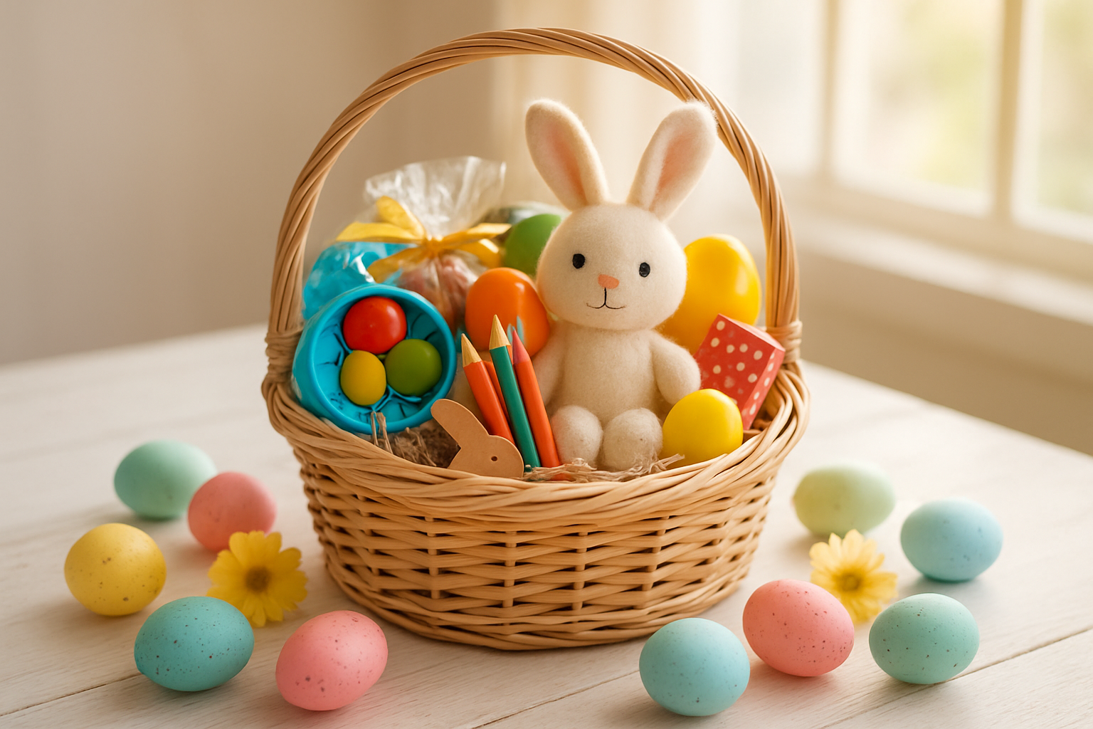 Create a realistic image of a beautifully arranged Easter basket filled with diverse age-appropriate gifts including colorful toys, art supplies, small games, and wrapped treats, surrounded by pastel Easter eggs and spring flowers on a soft white wooden table, with warm natural lighting streaming through a window creating a joyful and festive atmosphere that represents thoughtful gift-giving for children, absolutely NO text should be in the scene.