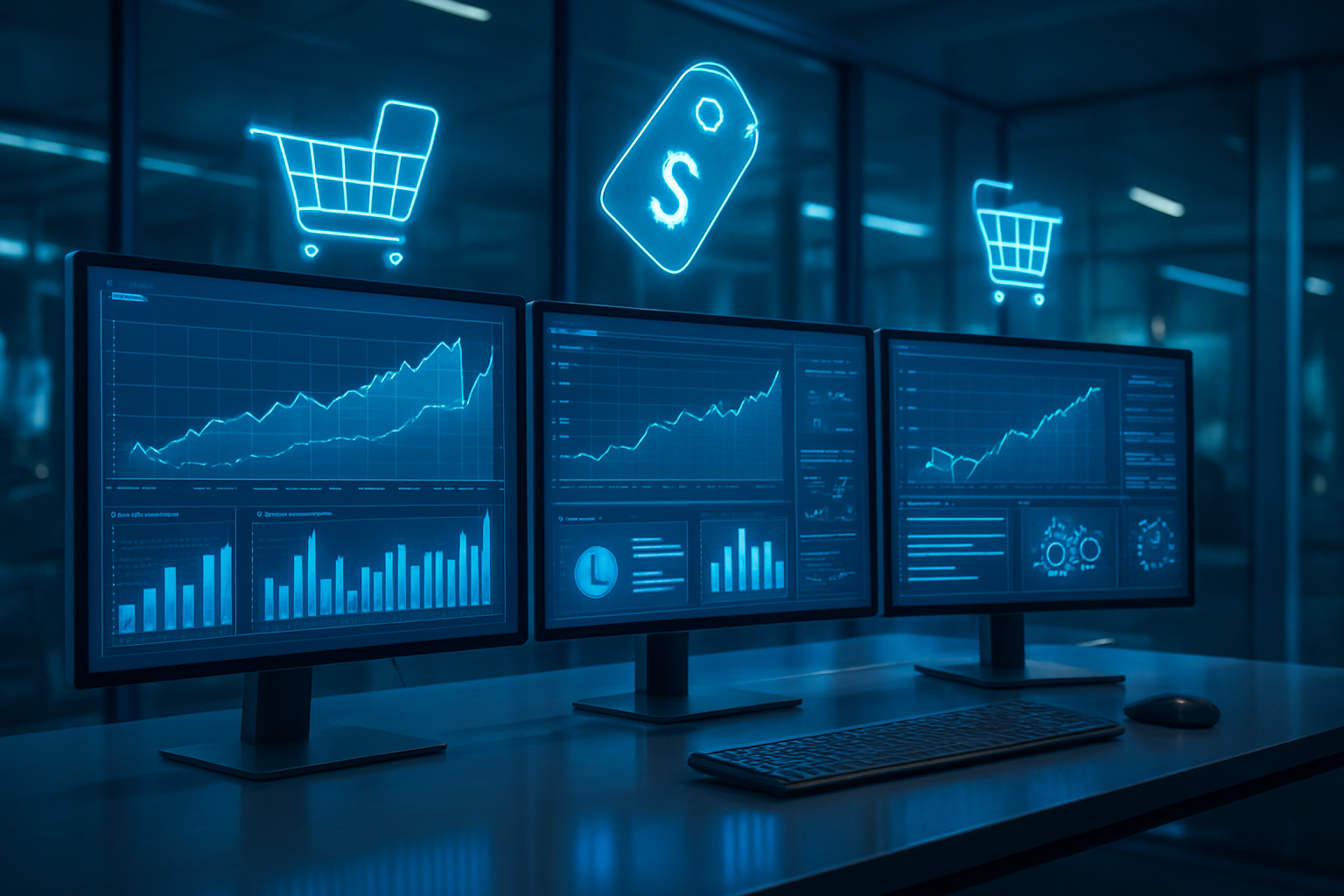 Create a realistic image of a modern retail analytics dashboard displayed on multiple computer monitors showing dynamic pricing charts, profit graphs, and AI-powered price optimization algorithms in action, with a sleek office environment featuring glass surfaces and blue LED lighting, complemented by shopping cart icons and price tags floating holographically above the screens, conveying a high-tech atmosphere of intelligent retail management, absolutely NO text should be in the scene.