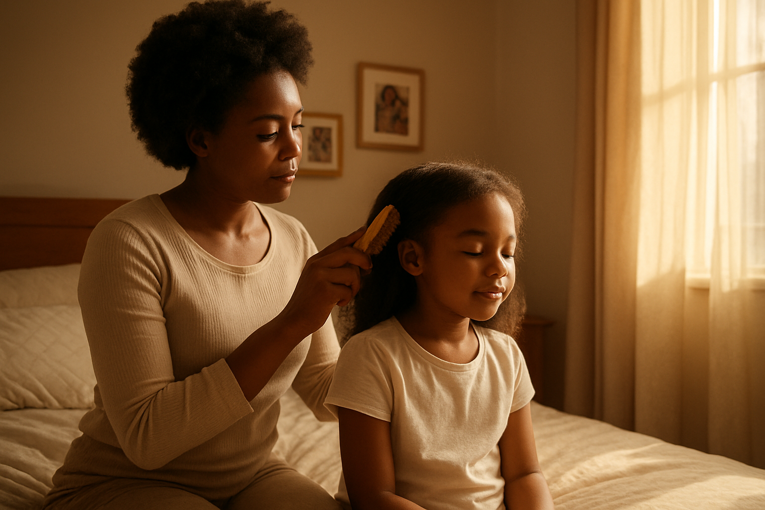 Create a realistic image of a loving black mother gently brushing her young daughter's hair while the child sits peacefully on a bed, warm morning sunlight streaming through a nearby window creating a cozy bedroom atmosphere, with soft bedding and family photos visible in the background, capturing an intimate moment of daily care and nurturing that builds trust and security between mother and child, Absolutely NO text should be in the scene.