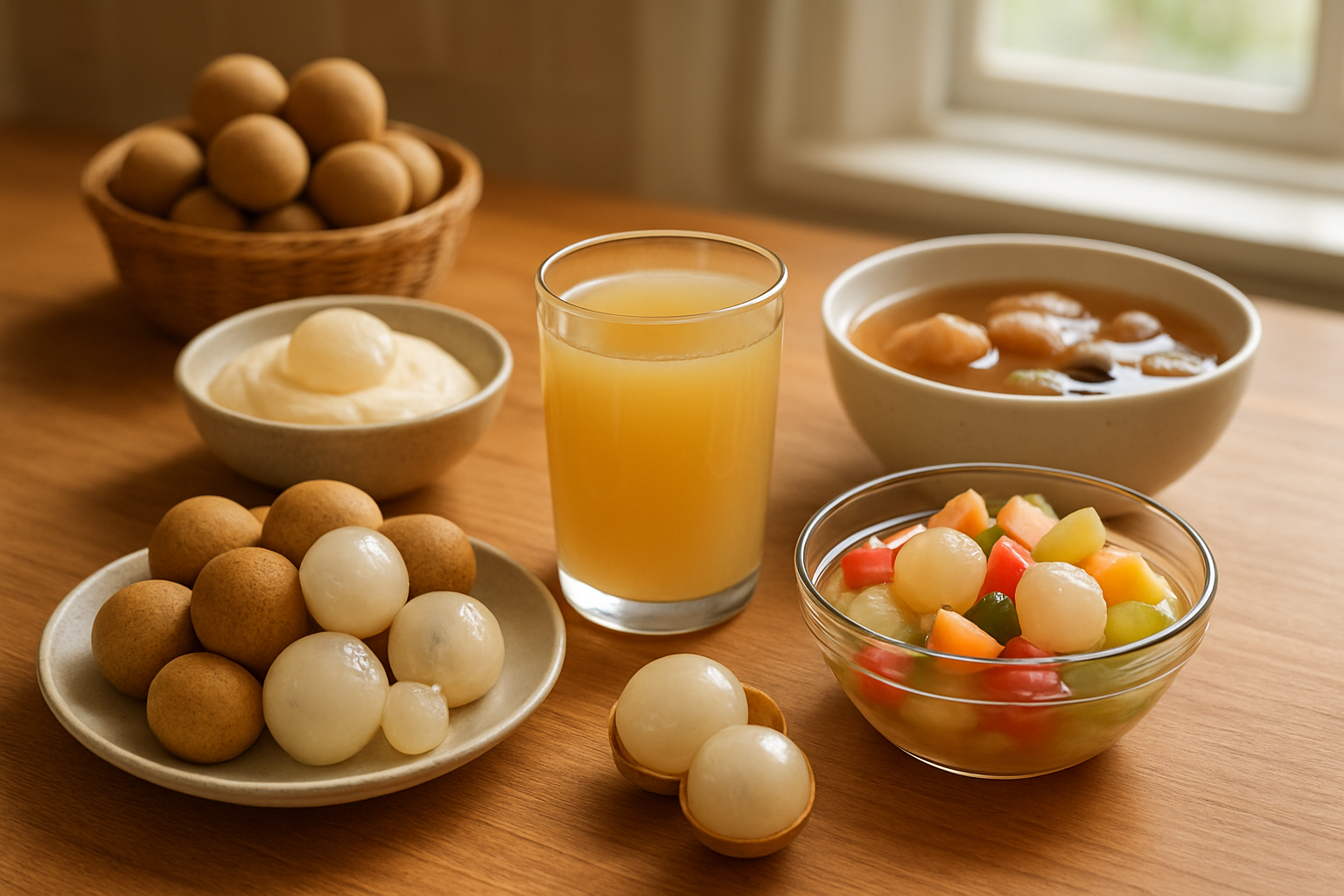 Create a realistic image of a diverse culinary spread showcasing longan fruit in multiple preparations: fresh longan fruits with translucent white flesh exposed next to their brown shells, a glass of longan juice, longan desserts including what appears to be longan pudding or ice cream, longan incorporated into a colorful fruit salad, and longan being used in an Asian-style soup or beverage, all artfully arranged on a wooden kitchen counter with soft natural lighting from a nearby window, creating an inviting and appetizing atmosphere that highlights the versatility of longan in various culinary applications, absolutely NO text should be in the scene.