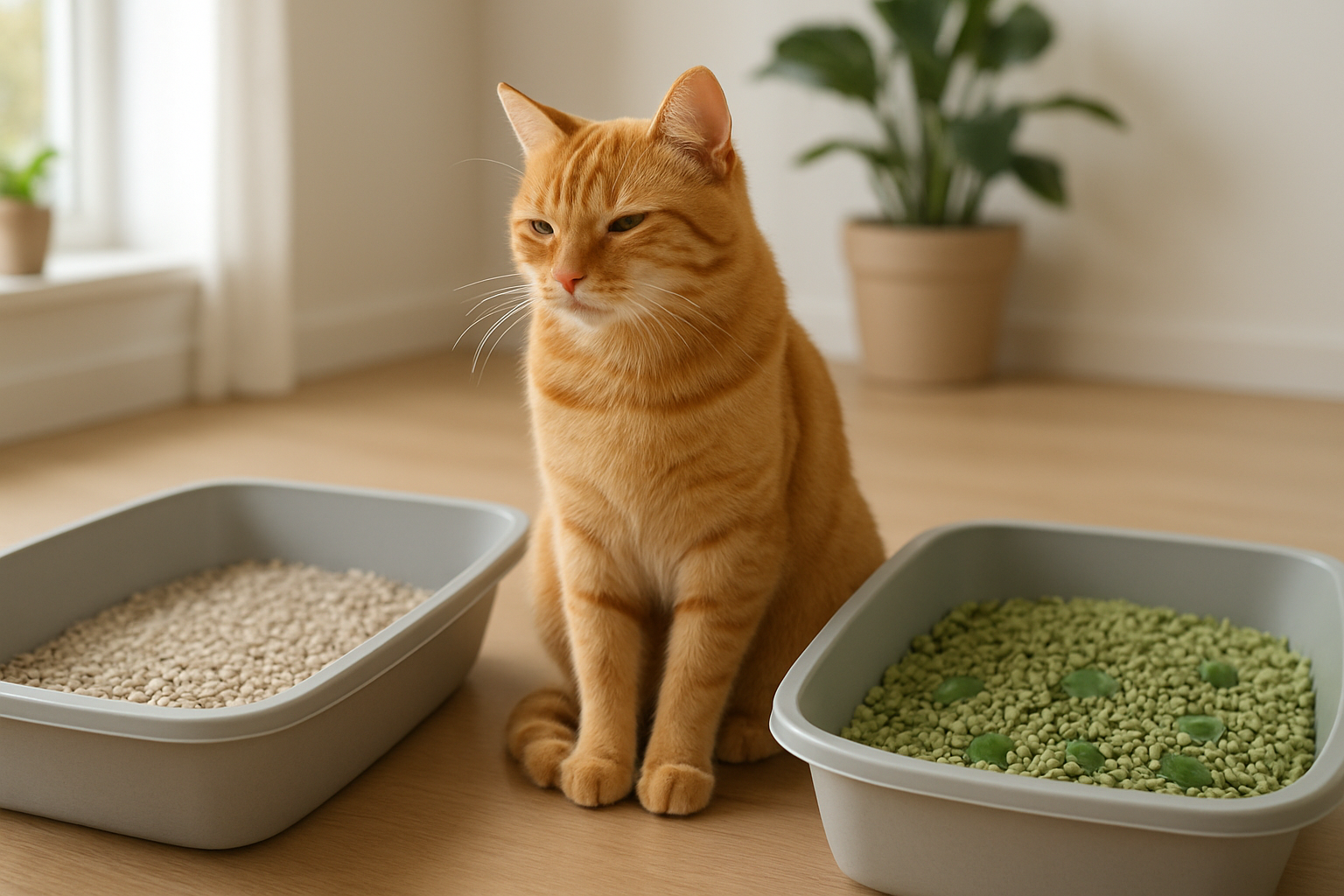 Create a realistic image of a healthy orange tabby cat sitting peacefully next to two litter boxes, one containing traditional clay litter and another containing eco-friendly green plant-based litter made from recycled paper and corn, with small green leaves scattered around the eco-friendly litter to symbolize environmental benefits, soft natural lighting from a nearby window, clean modern home interior background with potted plants visible, calm and serene atmosphere, absolutely NO text should be in the scene.