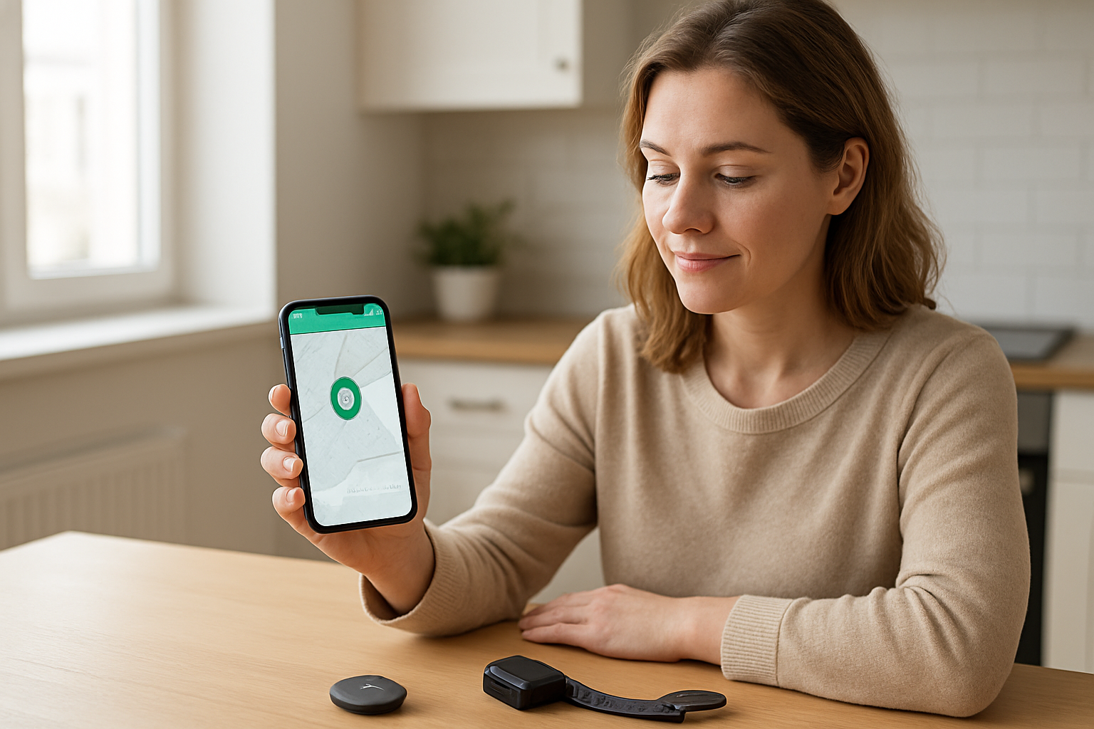 Create a realistic image of a white female parent in her 30s holding a modern smartphone with a child safety tracking app interface visible on the screen, sitting at a clean kitchen table with a small GPS tracking device and smartwatch designed for children placed nearby, soft natural lighting from a window creating a calm and organized domestic atmosphere, the scene conveying efficiency and peace of mind for busy parents, absolutely NO text should be in the scene.