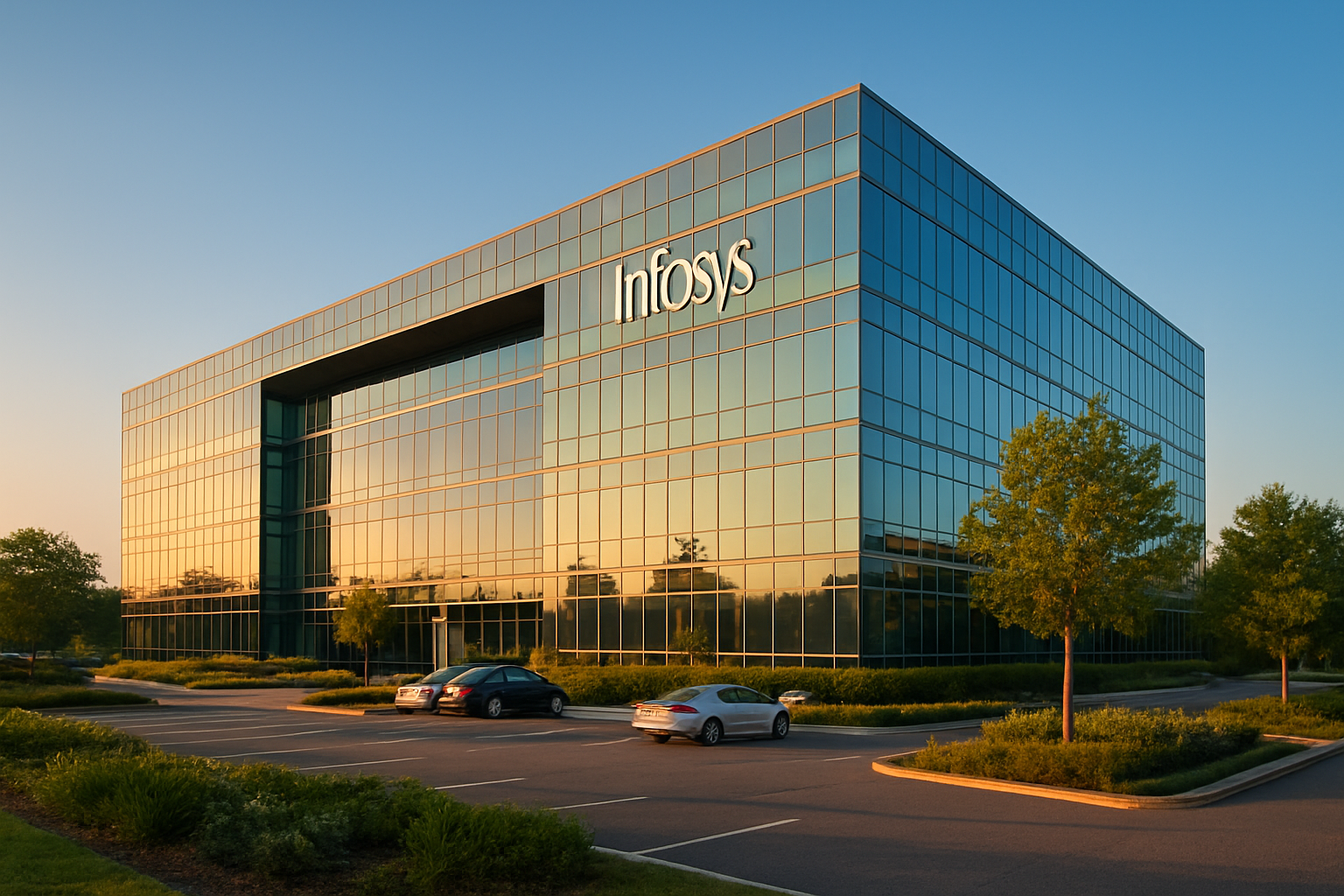 Create a realistic image of a modern corporate office building with glass facade and the Infosys company logo prominently displayed, surrounded by well-maintained landscaping and parking areas, shot during golden hour with warm lighting, featuring a clean architectural design typical of Indian IT campuses, with clear blue skies in the background and some greenery around the building perimeter, absolutely NO text should be in the scene.