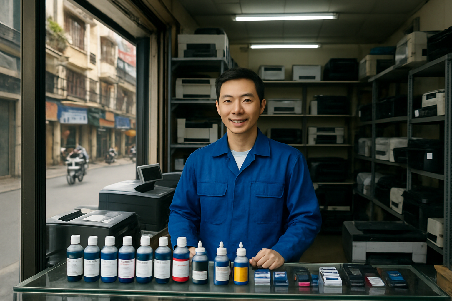 Create a realistic image of a professional printer service shop storefront located on a busy Vietnamese street in Hanoi's Kham Thien district, featuring a clean white Asian male technician in a blue work uniform standing behind a service counter displaying various printer cartridges and ink bottles, with multiple printers and printing equipment visible on shelves in the background, modern fluorescent lighting illuminating the organized workspace, warm and trustworthy atmosphere suggesting reliable service, street view showing typical Hanoi urban architecture through the shop window, absolutely NO text should be in the scene.