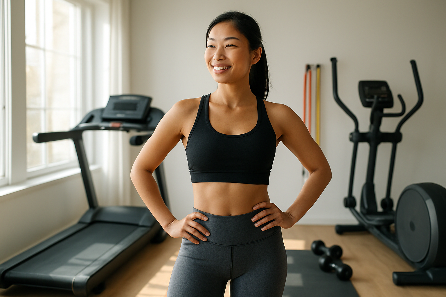 Create a realistic image of a confident Asian female athlete in modern athletic wear standing in a bright, well-lit home gym space with various cardio equipment including a treadmill, resistance bands, dumbbells, and a yoga mat arranged around her, with natural sunlight streaming through large windows, creating an uplifting and motivational atmosphere that conveys achievement and clarity, with the woman having a satisfied expression as if she has just completed an effective workout, surrounded by both high-tech and simple fitness equipment to show variety in cardio options, absolutely NO text should be in the scene.
