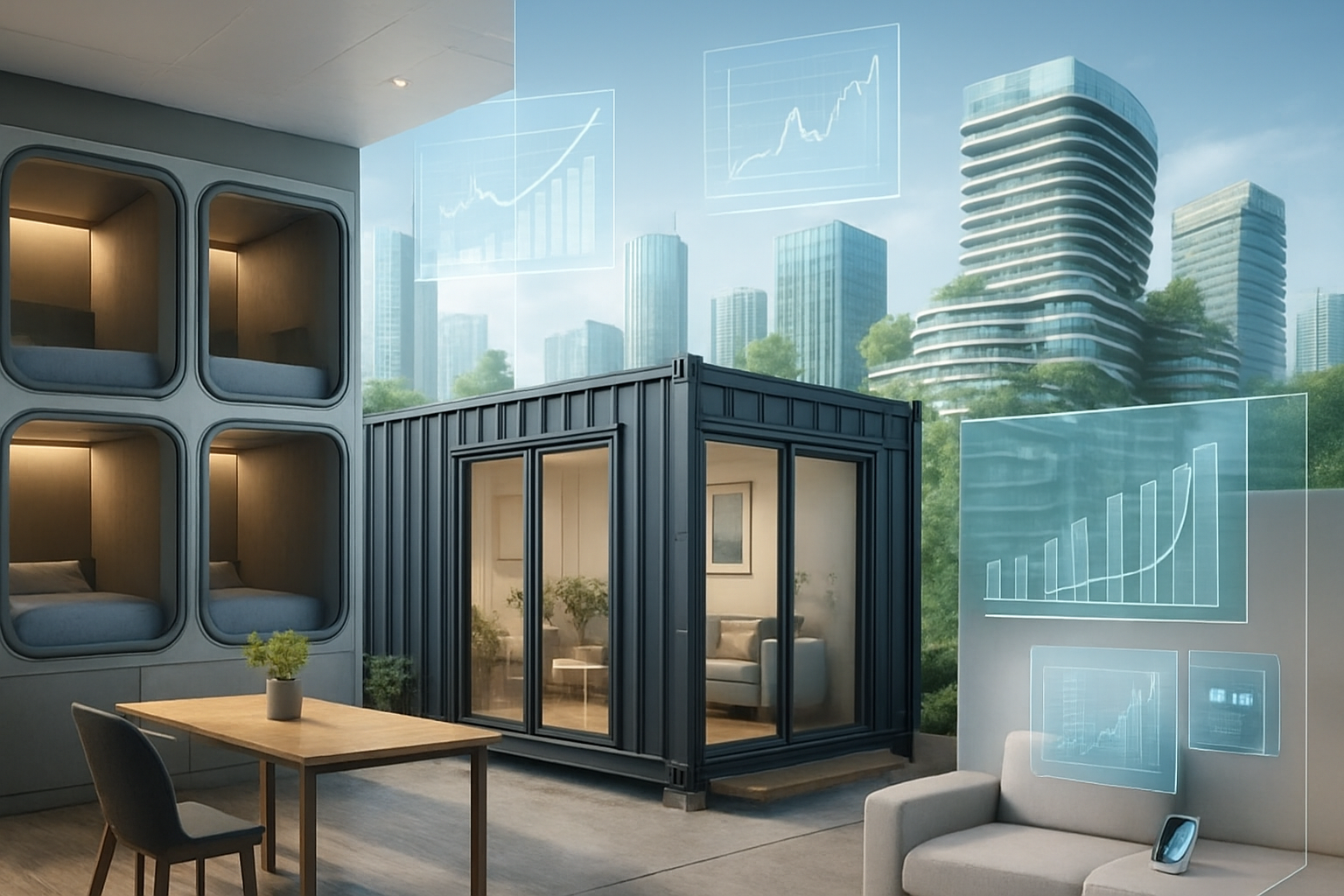 Create a realistic image of a modern split-screen composition showing emerging rental property types including a sleek co-living space with pod-style micro units, a converted shipping container home, and a high-tech smart apartment with automated features, alongside investment strategy elements like digital charts and graphs displayed on floating transparent screens, set against a futuristic cityscape background with sustainable architecture, bright daylight lighting creating a professional and innovative atmosphere, absolutely NO text should be in the scene.