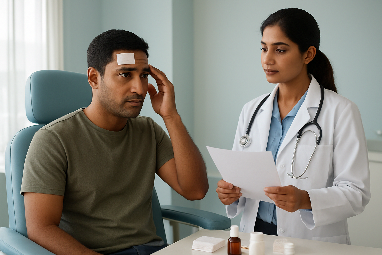 Create a realistic image of a South Asian male patient sitting in a modern medical clinic chair, gently touching his hairline area with bandages, while a female Indian doctor in white coat stands beside him holding a care instruction sheet, with medical supplies like antiseptic bottles, gauze, and medications arranged on a clean white counter, soft natural lighting from large windows, calm and professional medical environment with light blue and white color scheme, absolutely NO text should be in the scene.